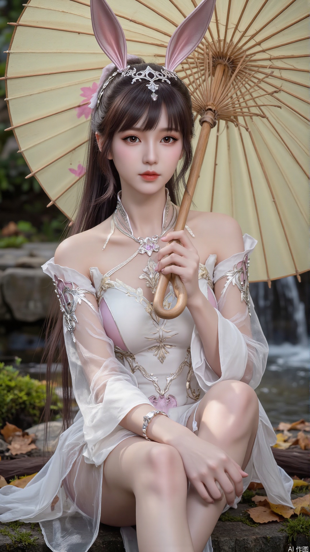 An Asian woman wearing Hanfu is squatting on the ground
Aestheticism. The scene is like a fairyland.
Makeup
Moderate chest
Hand over
solo
brown hair
Hair accessories
silk ribbon
Outside
umbrella
Chinese clothing
Holding an umbrella
Realism
Red lips
eyelash
Exquisite eyes
Hanfu
Ribbon
Wide sleeves
Embroidery
gauze
Stream
maple
maple leaves
clear water 
moss
Fallen leaves on the ground
bryophyte
Illustration, masterpiece. Real. Ultra clear. Details.