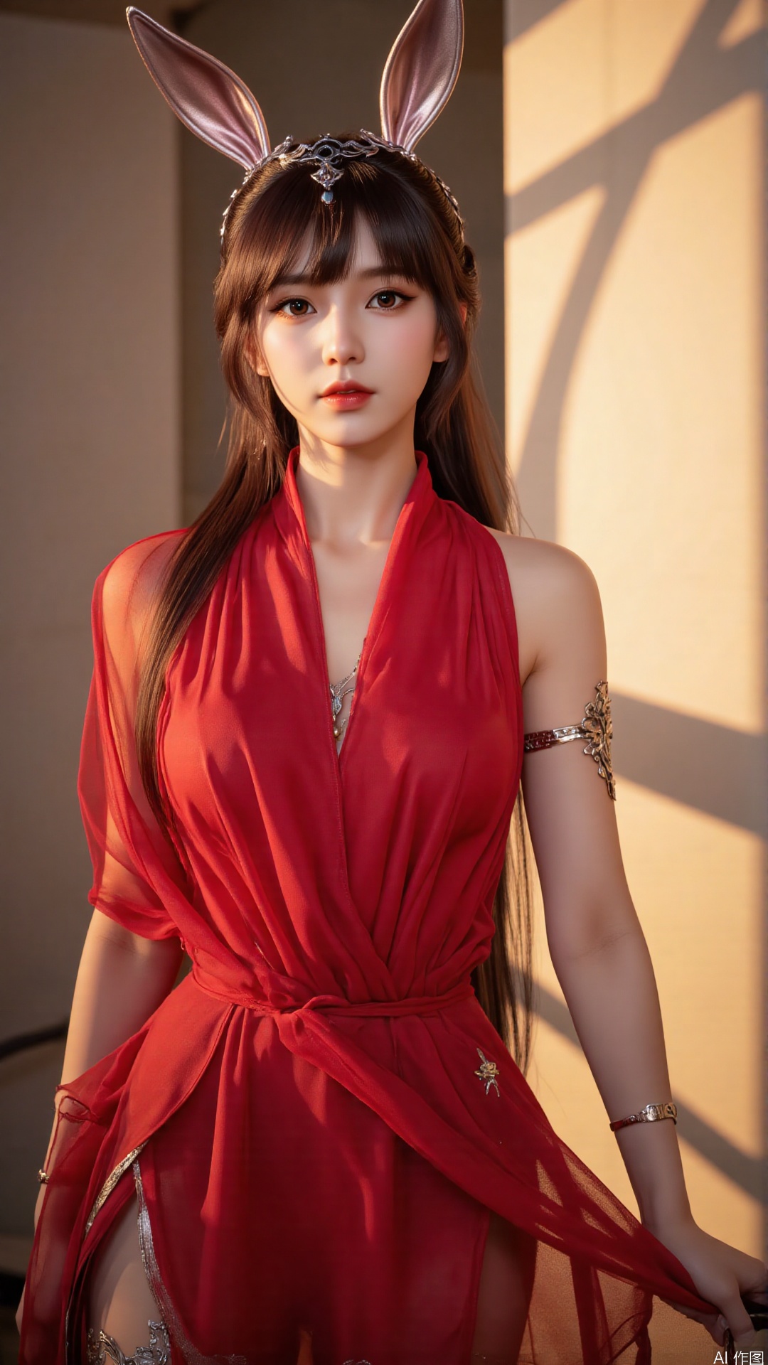 A stunning 18-year-old Chinese woman wraps herself in a vibrant red scarf, posing seductively against a sleek, modern backdrop. Soft, golden lighting accentuates her porcelain complexion and luscious locks. The camera captures the dramatic play of shadows on her features as she confidently flaunts her curves.
