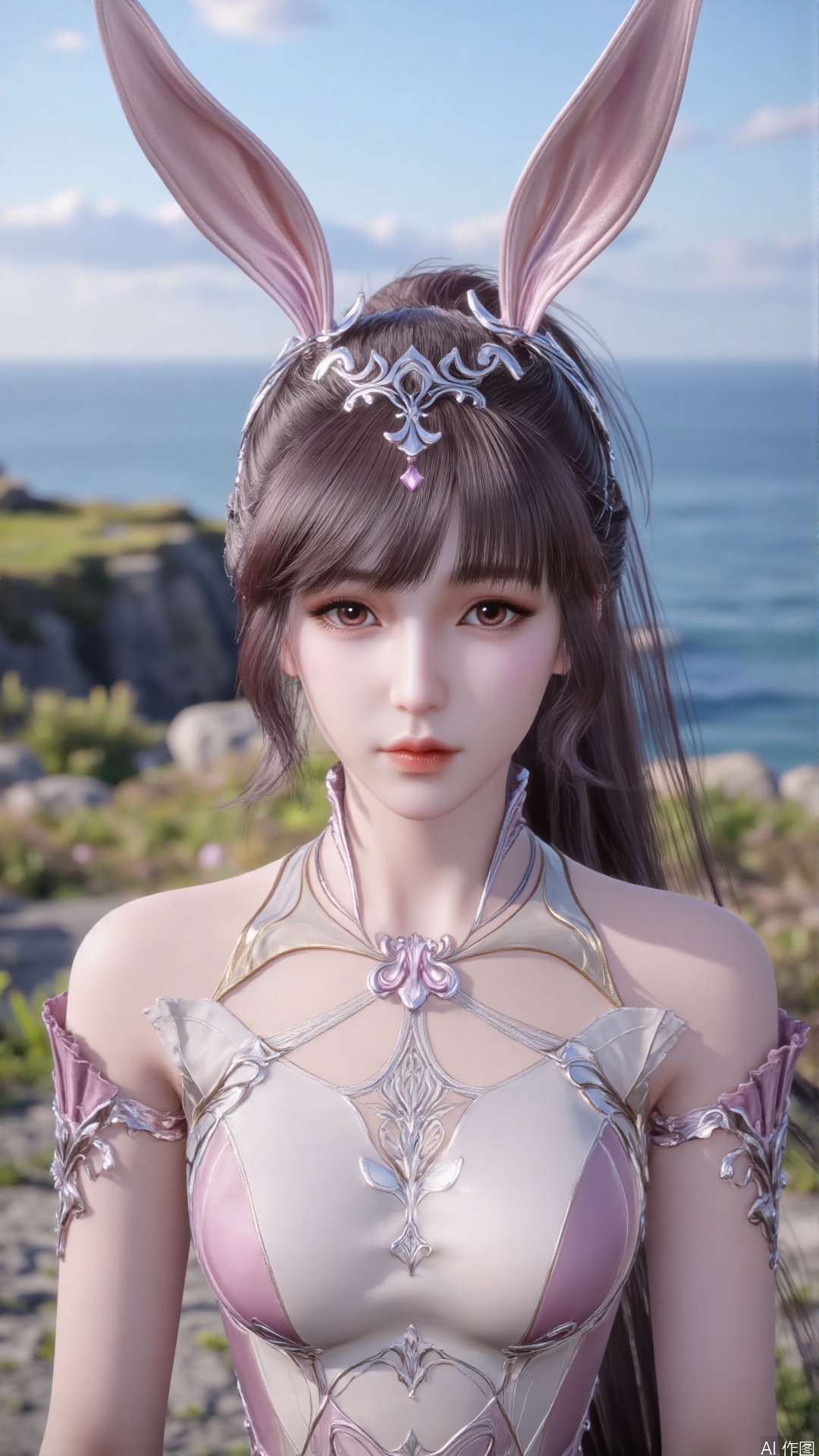 1girl, animal ears, rabbit ears, dress, solo, ponytail, pink dress, brown hair, hair ornament, mischevious smile, perfect body, scenery, sharp focus, best quality, masterpiece, detailed outfit, illustration, perfect eyes, finely detailed beautiful anime eyes, realistic skin, intricate details, best lighting, depth of field, ultra high resolution,cowboy_shot