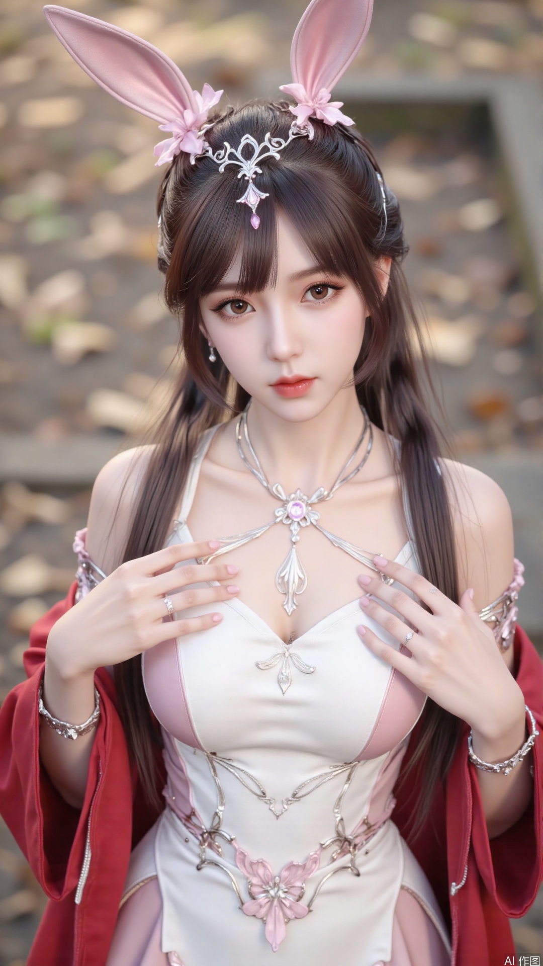 1girl,solo,jewelry,flower,hair flower,hair ornament,necklace,realistic,brown hair,brown eyes,looking at viewer,dress,blurry background,twin braids,blurry,white dress,long hair,upper body,breasts,pink bow,red jacket,bare shoulders,lips,collarbone,outdoors,cleavage,large natural breast,soft breasts,huge Breasts