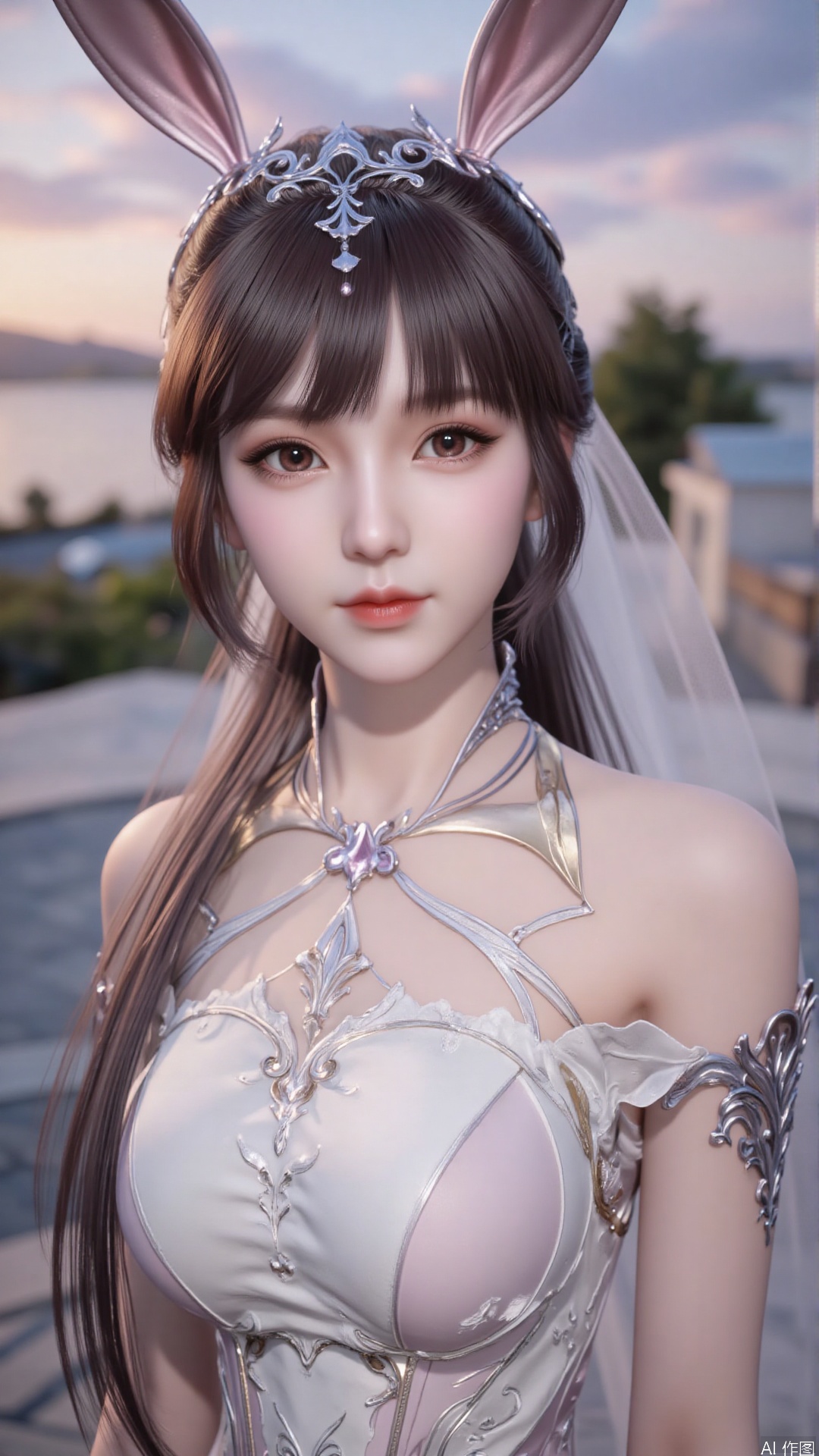 1girl, white wedding dress,looking at viewer, mischevious smile, perfect body, scenery, sharp focus, best quality, masterpiece, detailed outfit, illustration, perfect eyes, finely detailed beautiful anime eyes, realistic skin, intricate details, best lighting, depth of field, ultra high resolution, cowboy_shot, bride