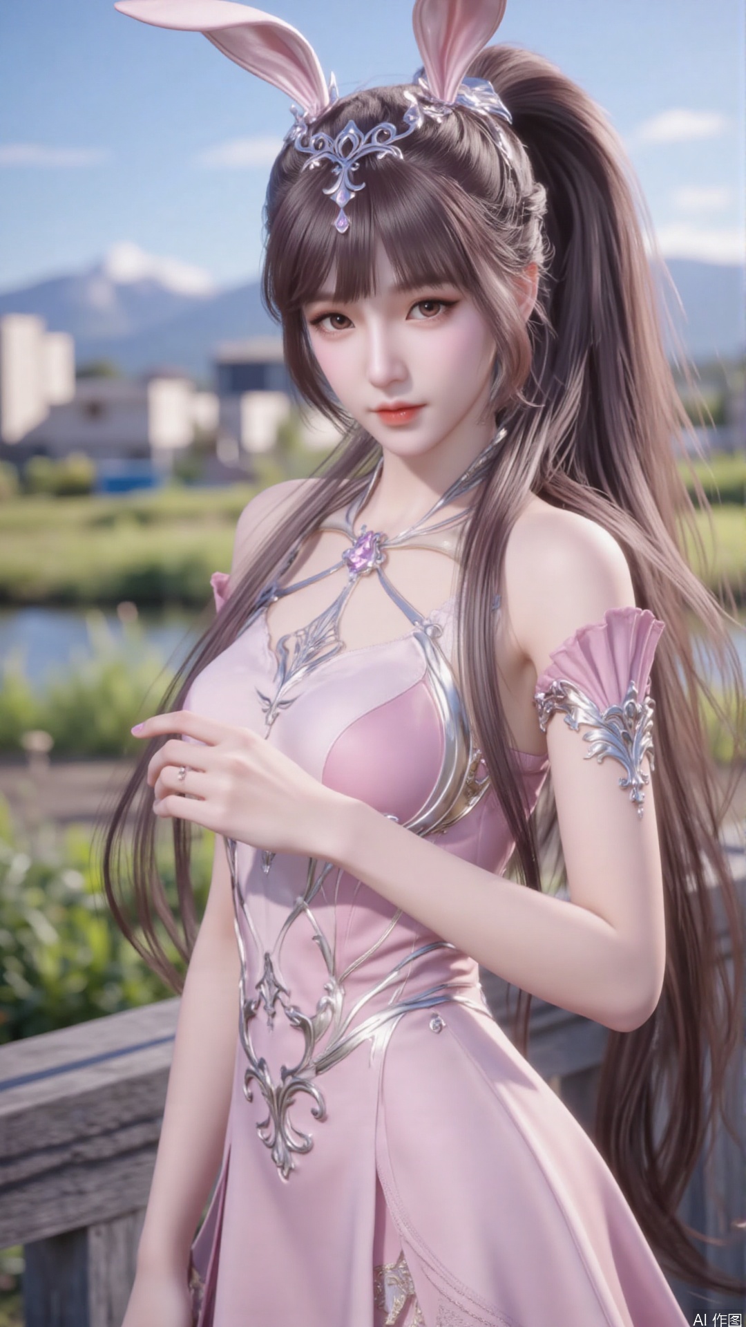 1girl, animal ears, rabbit ears, dress, solo, ponytail, pink dress, brown hair, hair ornament, mischevious smile, perfect body, scenery, sharp focus, best quality, masterpiece, detailed outfit, illustration, perfect eyes, finely detailed beautiful anime eyes, realistic skin, intricate details, best lighting, depth of field, ultra high resolution,cowboy_shot