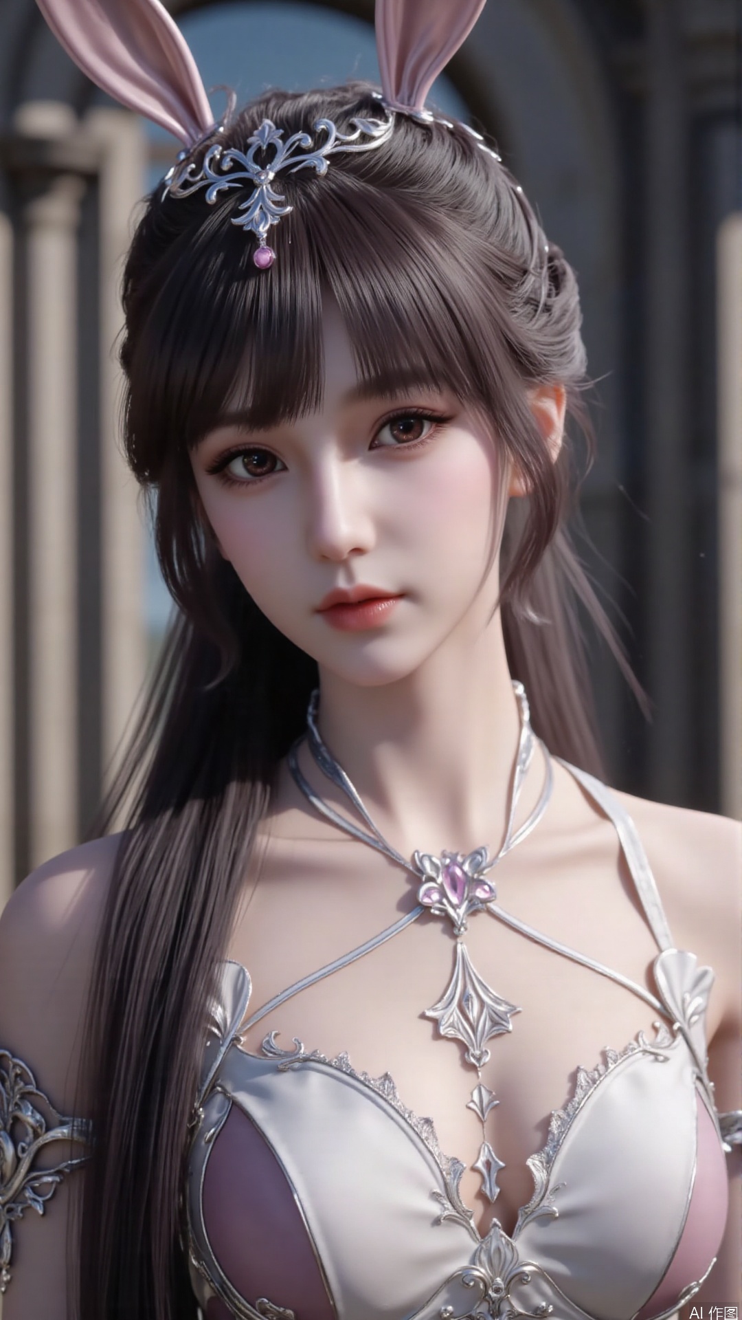 Very detailed face, extremely detailed eyes and face, (vacuum), 8K wallpaper, light leak, beautiful and detailed girl, extremely detailed CGUnity8K wallpaper, an extremely detailed and beautiful, beautiful and detailed eyes, masterpiece, best quality, Real photo level, (frontal shooting panoramic perspective), ( (Full body photo)), dynamic angle, dynamic pose, solo, ancient style silver hairpin with petals, blue sky and white clouds, (C cup), (huge round breasts), slender legs, super good figure, stunning beauty, (whole body in the mirror) , (wearing Lolita nightgown), (light reflects the shadow of the body through the clothes),vacuum,bare and smooth