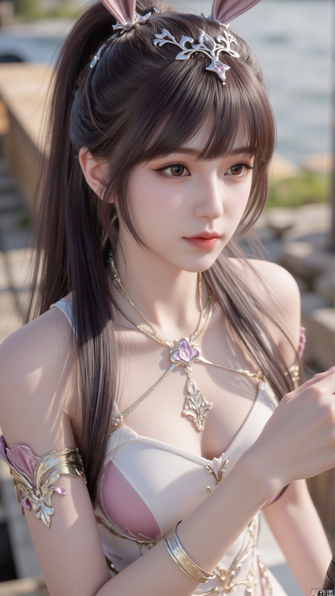 a asian woman,18-year-old pure girl with double ponytails, distant close-up, golden ratio, movie texture, minimalism, high-end feeling, strong contrast between cold and warm, outdoor scenes, 