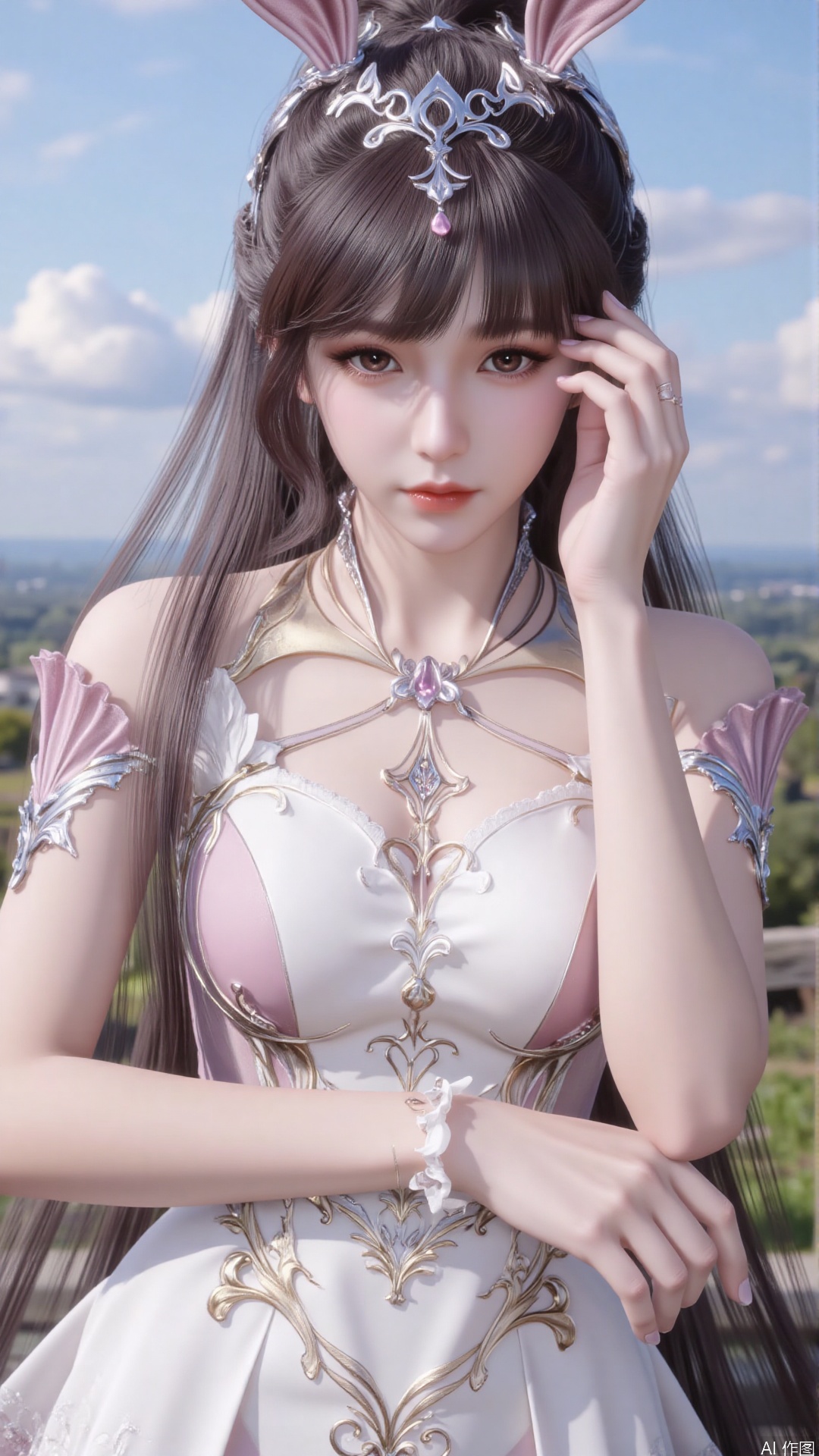 1girl, white wedding dress,looking at viewer, mischevious smile, perfect body, scenery, sharp focus, best quality, masterpiece, detailed outfit, illustration, perfect eyes, finely detailed beautiful anime eyes, realistic skin, intricate details, best lighting, depth of field, ultra high resolution, cowboy_shot, bride