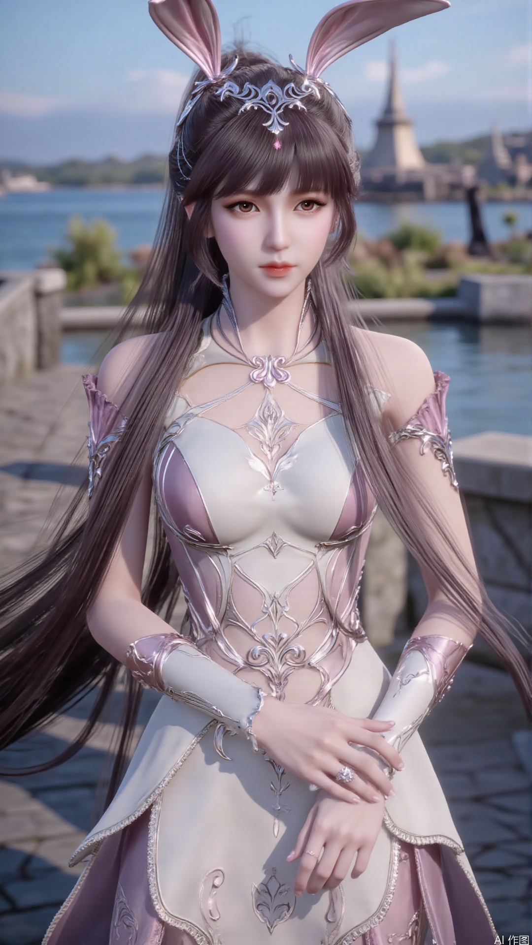1girl, white wedding dress,looking at viewer, mischevious smile, perfect body, scenery, sharp focus, best quality, masterpiece, detailed outfit, illustration, perfect eyes, finely detailed beautiful anime eyes, realistic skin, intricate details, best lighting, depth of field, ultra high resolution, cowboy_shot, bride