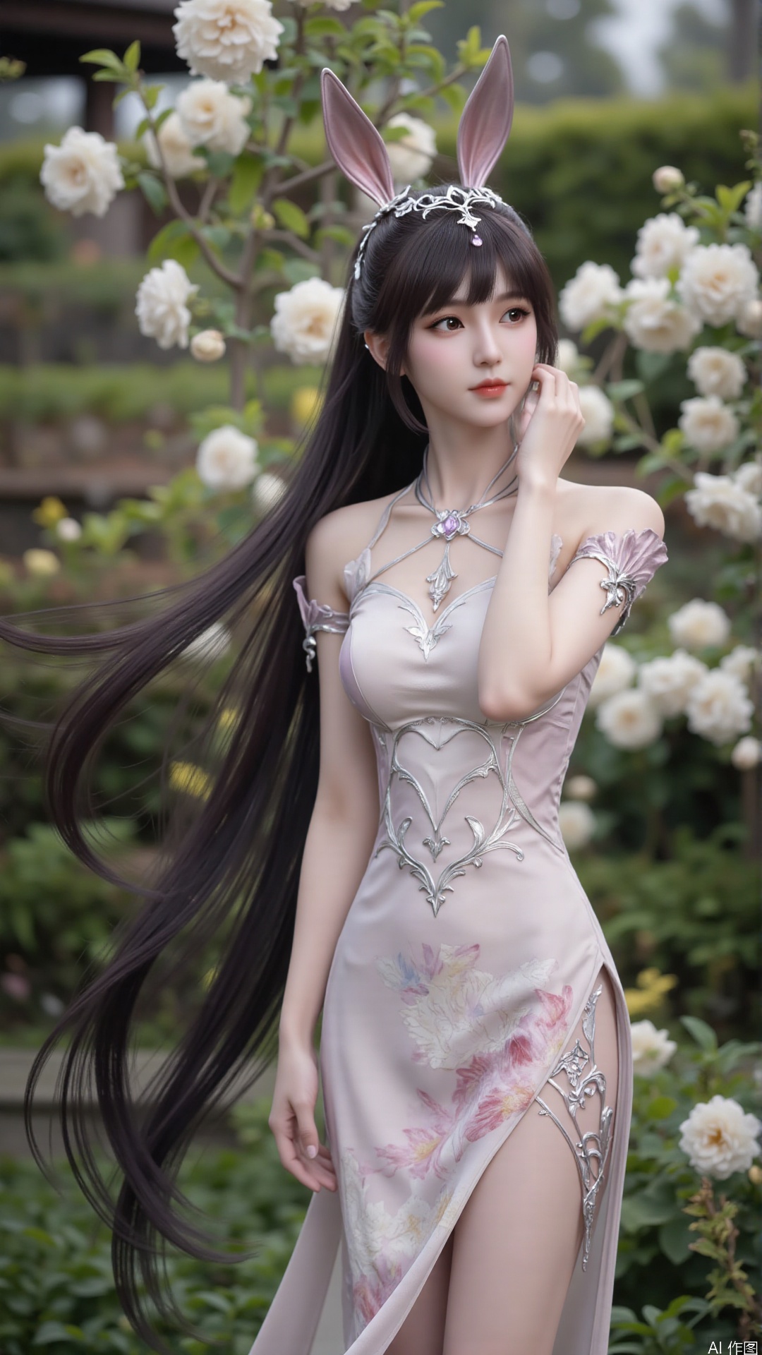 A portrait of an Asian woman with long, flowing black hair, wearing a traditional cheongsam (Chinese dress) in a subtle floral print. She's standing gracefully in a traditional Chinese garden, surrounded by lush greenery and blooming flowers. The overall mood is serene and peaceful, emphasizing the grace and elegance of the traditional attire. High resolution, 8k, soft lighting, hyperrealistic, photorealistic, detailed textures, elegant pose, serene expression, traditional cheongsam, natural beauty, trending on artstation.