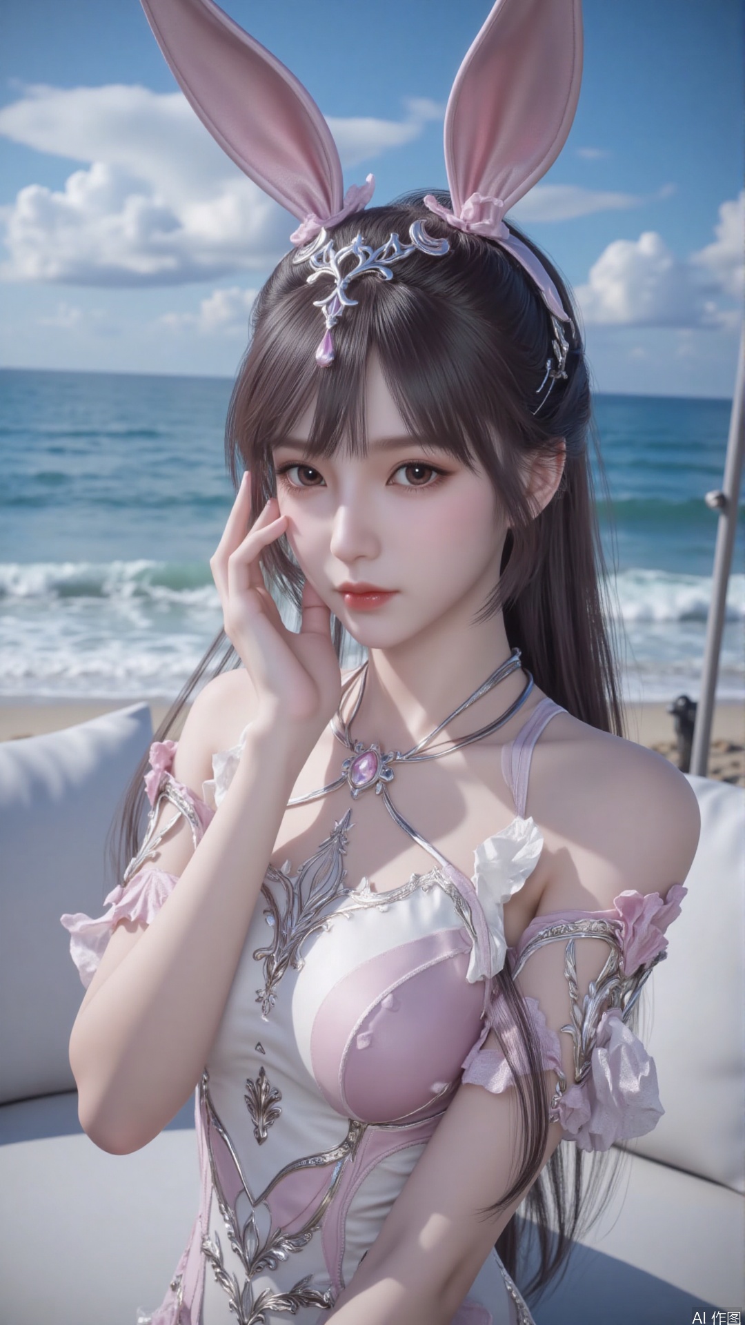 Very detailed face, extremely detailed eyes and face, (vacuum), 8K wallpaper, light leak, beautiful and detailed girl, extremely detailed CGUnity8K wallpaper, an extremely detailed and beautiful, beautiful and detailed eyes, masterpiece, best quality, Real photo level, (frontal shooting panoramic perspective), ( (Full body photo)), dynamic angle, dynamic pose, solo, ancient style silver hairpin with petals, blue sky and white clouds, (C cup), (huge round breasts), slender legs, super good figure, stunning beauty, (whole body in the mirror) , (wearing Lolita nightgown), (light reflects the shadow of the body through the clothes),vacuum,bare and smooth