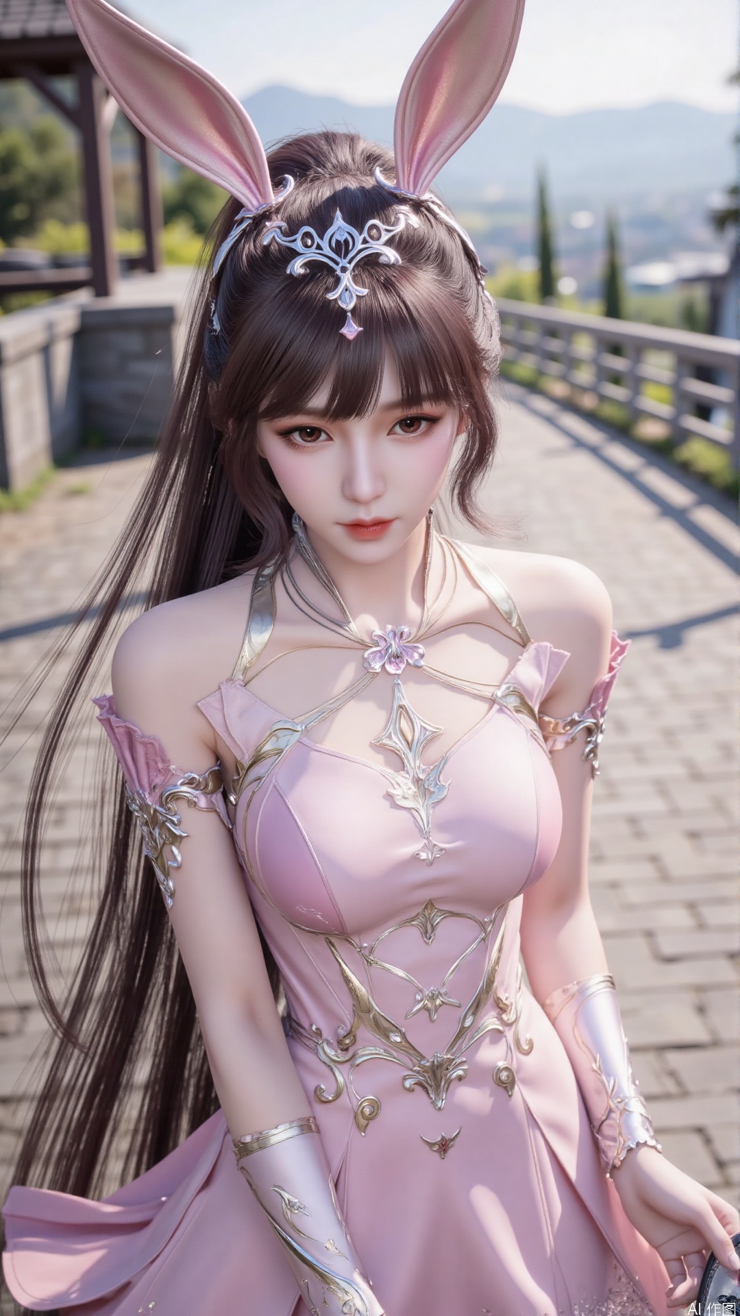 1girl, animal ears, rabbit ears, dress, solo, ponytail, pink dress, brown hair, hair ornament, mischevious smile, perfect body, scenery, sharp focus, best quality, masterpiece, detailed outfit, illustration, perfect eyes, finely detailed beautiful anime eyes, realistic skin, intricate details, best lighting, depth of field, ultra high resolution,cowboy_shot