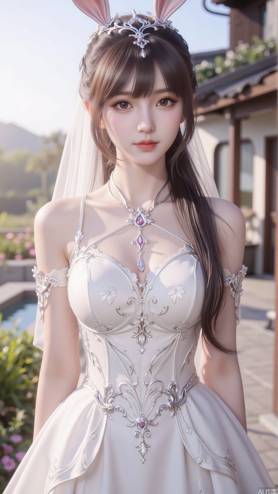 1girl, white wedding dress,looking at viewer, mischevious smile, perfect body, scenery, sharp focus, best quality, masterpiece, detailed outfit, illustration, perfect eyes, finely detailed beautiful anime eyes, realistic skin, intricate details, best lighting, depth of field, ultra high resolution, cowboy_shot, bride