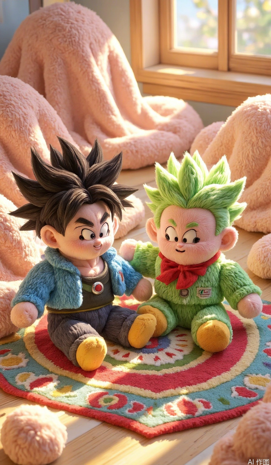 A whimsical illustration of the Dragon Ball Z characters reimagined as cuddly plush toys! Goku and Vegeta sit on a colorful, intricately patterned rug, surrounded by soft, rounded mountains. The lighting is warm and cozy, with gentle highlights on their stuffed forms. The framing focuses on the two friends, with the background blurred to emphasize their adorable, huggable nature.