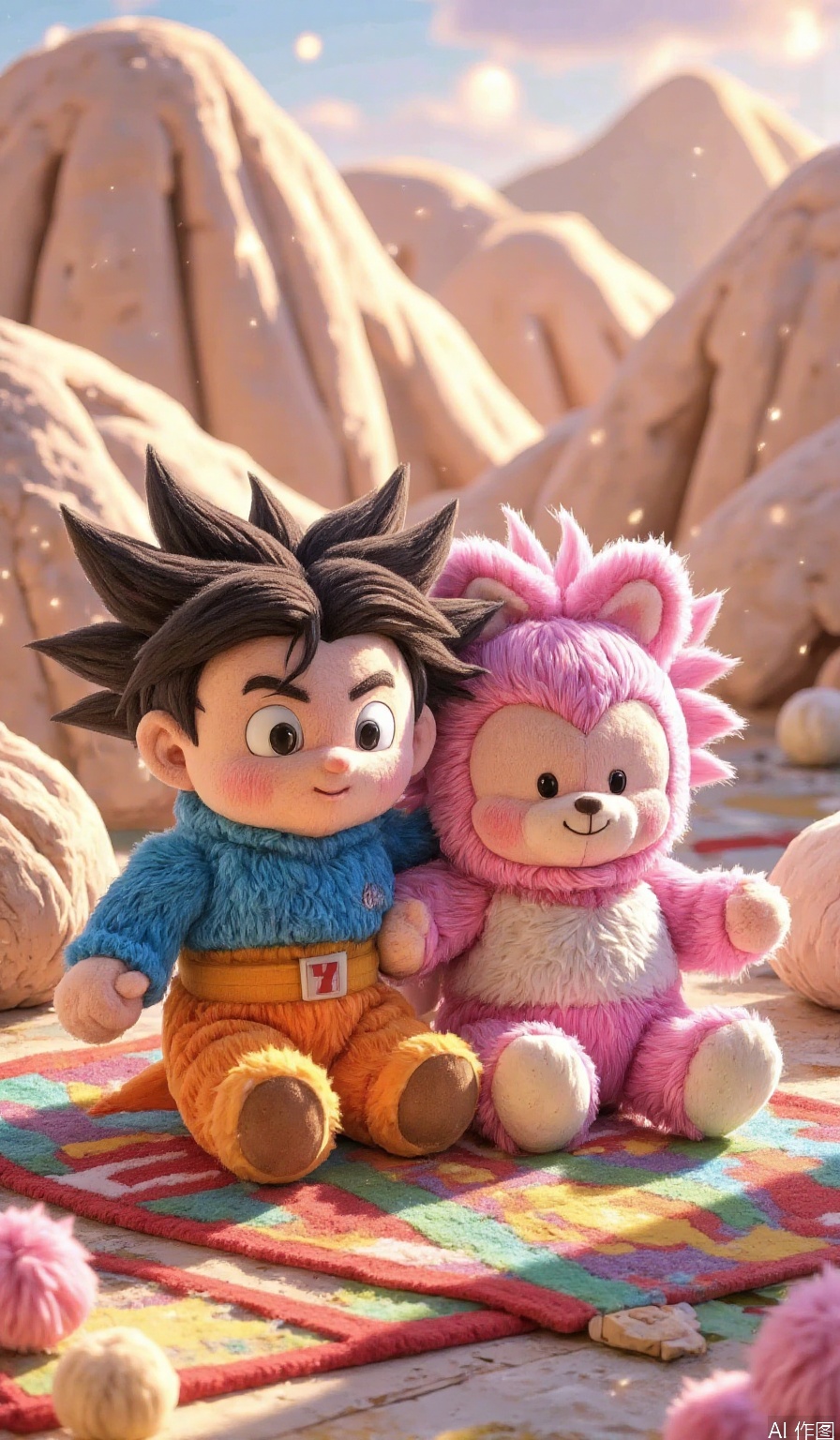 A whimsical illustration of the Dragon Ball Z characters reimagined as cuddly plush toys! Goku and Vegeta sit on a colorful, intricately patterned rug, surrounded by soft, rounded mountains. The lighting is warm and cozy, with gentle highlights on their stuffed forms. The framing focuses on the two friends, with the background blurred to emphasize their adorable, huggable nature.