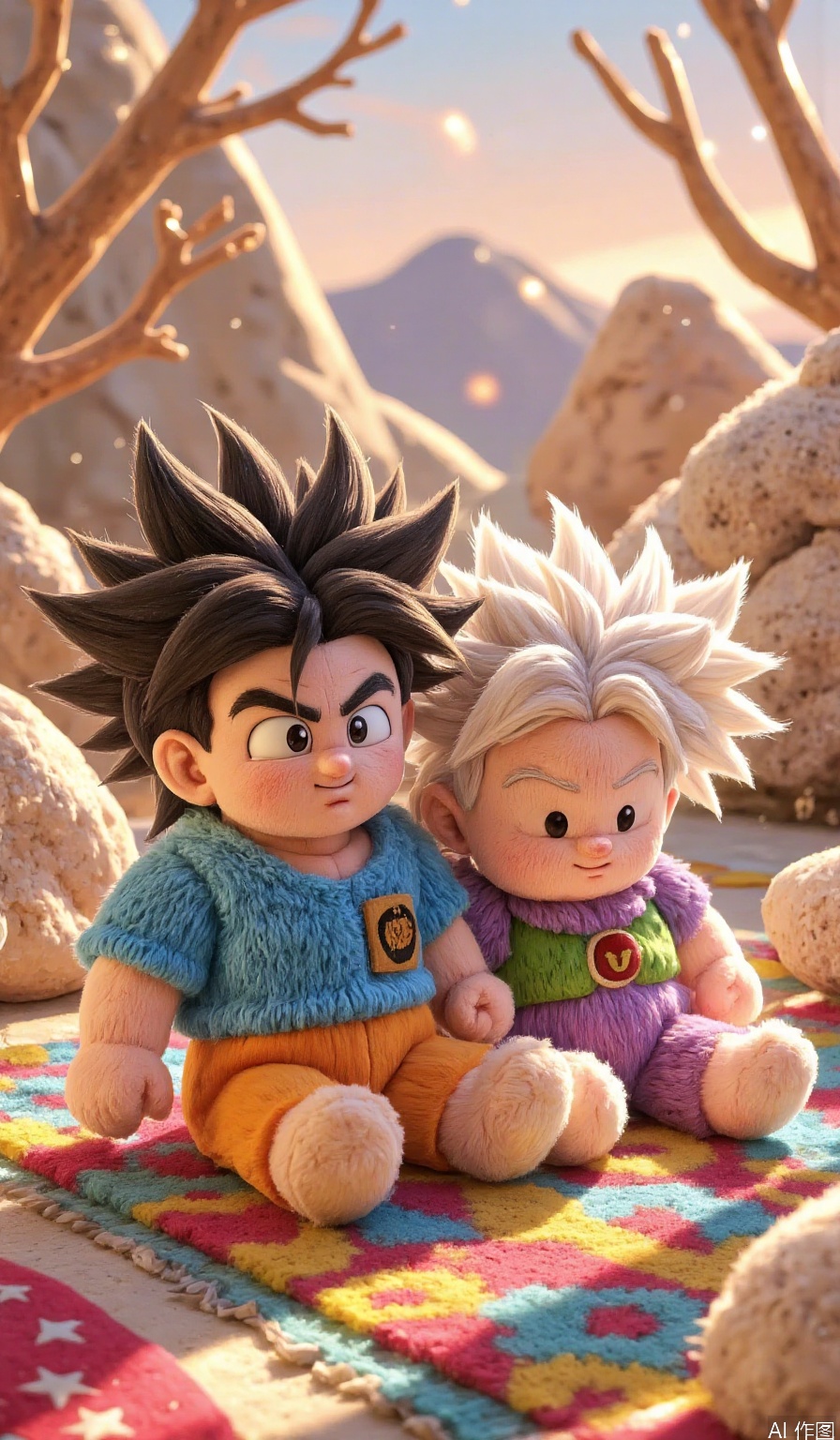 A whimsical illustration of the Dragon Ball Z characters reimagined as cuddly plush toys! Goku and Vegeta sit on a colorful, intricately patterned rug, surrounded by soft, rounded mountains. The lighting is warm and cozy, with gentle highlights on their stuffed forms. The framing focuses on the two friends, with the background blurred to emphasize their adorable, huggable nature.