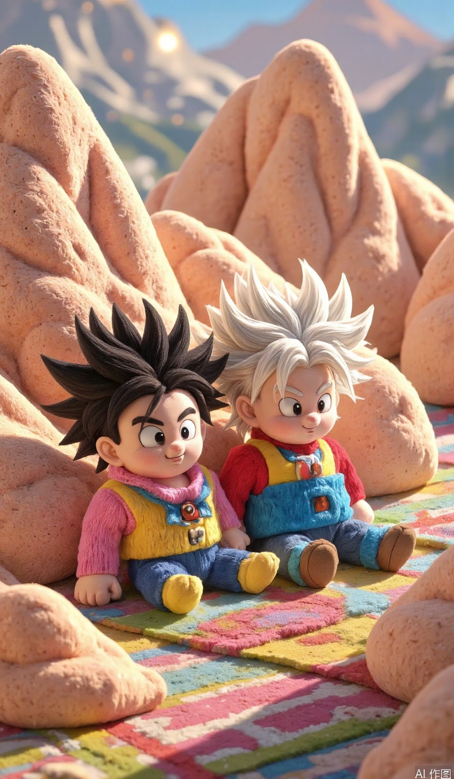 A whimsical illustration of the Dragon Ball Z characters reimagined as cuddly plush toys! Goku and Vegeta sit on a colorful, intricately patterned rug, surrounded by soft, rounded mountains. The lighting is warm and cozy, with gentle highlights on their stuffed forms. The framing focuses on the two friends, with the background blurred to emphasize their adorable, huggable nature.