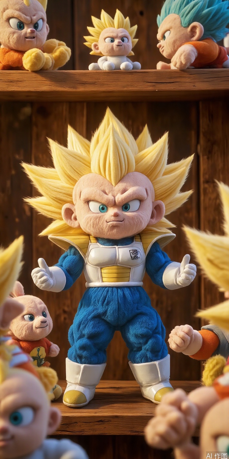 A warm-toned photograph captures a whimsical scene: plush toys of various characters from the Dragon Ball universe, including Vegeta, are arranged on a rustic wooden shelf. Soft lighting highlights the textured fabrics and endearing facial expressions of the toys. Vegeta stands proudly at the center, his iconic armor gleaming with a hint of mischief in his bright blue eyes. The surrounding plush toys appear to be in various states of playfulness, as if they're waiting for their next adventure together.