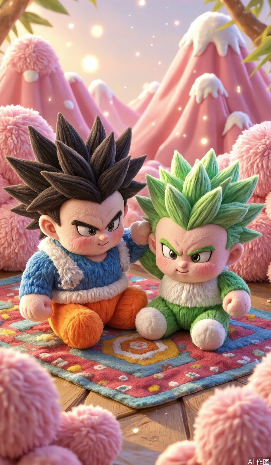 A whimsical illustration of the Dragon Ball Z characters reimagined as cuddly plush toys! Goku and Vegeta sit on a colorful, intricately patterned rug, surrounded by soft, rounded mountains. The lighting is warm and cozy, with gentle highlights on their stuffed forms. The framing focuses on the two friends, with the background blurred to emphasize their adorable, huggable nature.