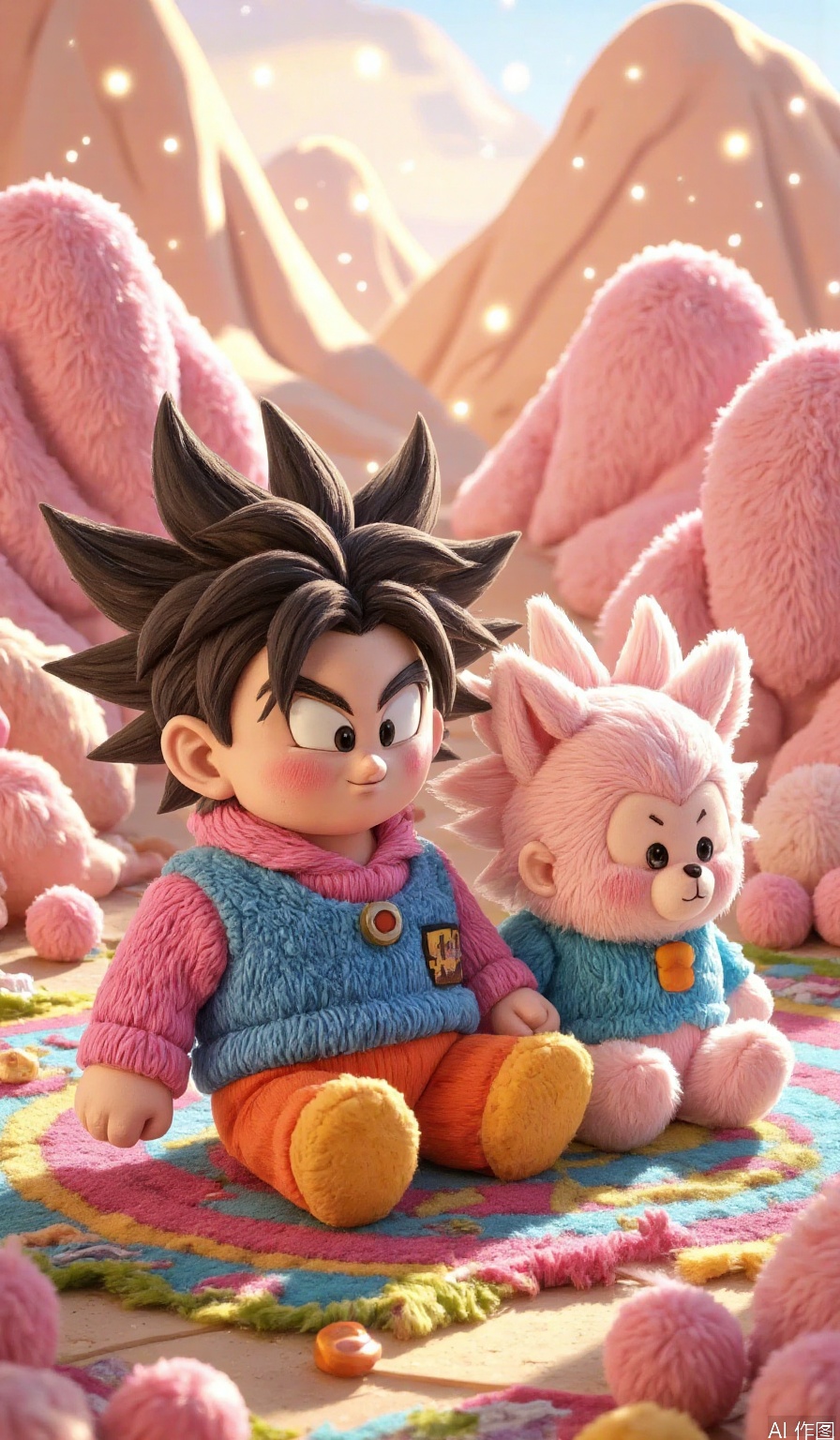 A whimsical illustration of the Dragon Ball Z characters reimagined as cuddly plush toys! Goku and Vegeta sit on a colorful, intricately patterned rug, surrounded by soft, rounded mountains. The lighting is warm and cozy, with gentle highlights on their stuffed forms. The framing focuses on the two friends, with the background blurred to emphasize their adorable, huggable nature.
