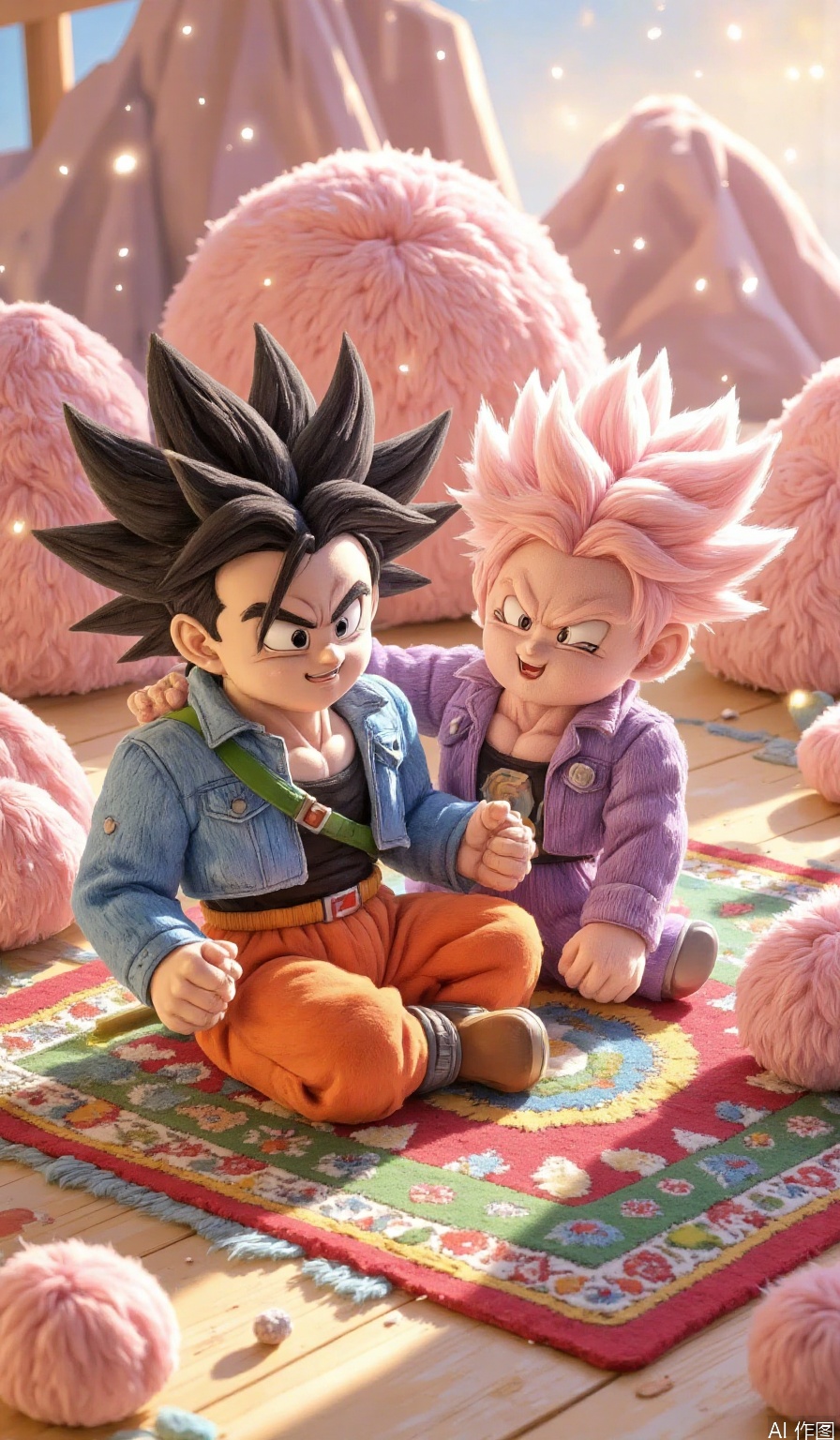 A whimsical illustration of the Dragon Ball Z characters reimagined as cuddly plush toys! Goku and Vegeta sit on a colorful, intricately patterned rug, surrounded by soft, rounded mountains. The lighting is warm and cozy, with gentle highlights on their stuffed forms. The framing focuses on the two friends, with the background blurred to emphasize their adorable, huggable nature.