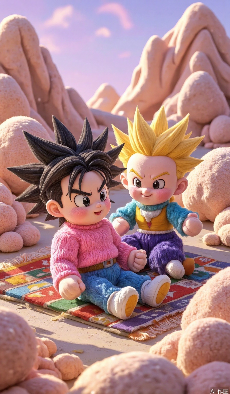 A whimsical illustration of the Dragon Ball Z characters reimagined as cuddly plush toys! Goku and Vegeta sit on a colorful, intricately patterned rug, surrounded by soft, rounded mountains. The lighting is warm and cozy, with gentle highlights on their stuffed forms. The framing focuses on the two friends, with the background blurred to emphasize their adorable, huggable nature.