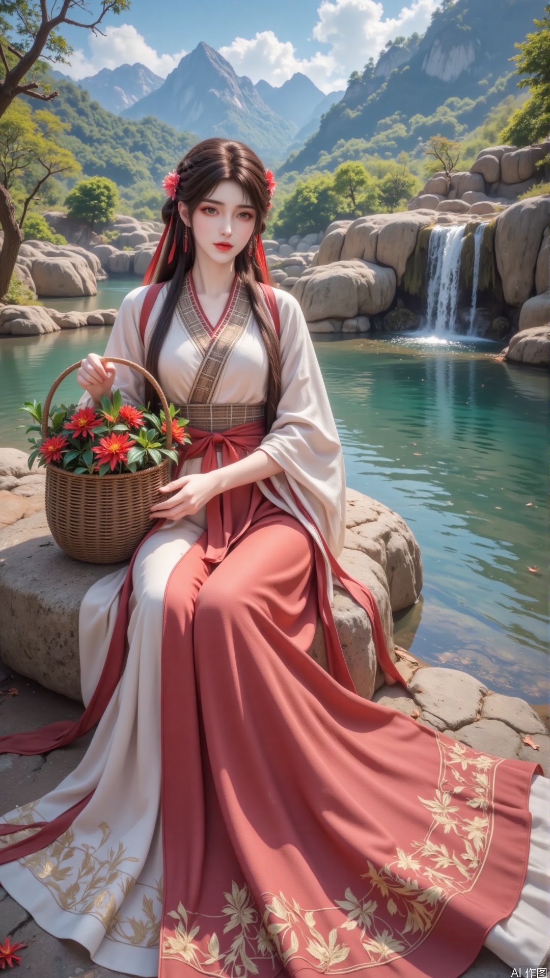 A 20-year-old Asian woman with delicate facial features, fair and smooth skin, soft facial features, and classical beauty. Her eyebrows are slender like willow leaves, her eyes are big and bright, and her gaze is gentle and slightly mysterious. Lips slightly raised, revealing a faint smile that appeared elegant and confident. She has long, dark brown hair that is voluminous and naturally falls from the top of her head to her waist. Liu Hai.
At the back of the head, some hair strands are carefully braided into delicate braids. The technique of braiding is very delicate, with clear and layered patterns, giving people a clean yet elegant feeling. The braided hair is not tied up high, but naturally falls down and interweaves with the rest of the long hair, creating a casual and natural beauty.
There is a small and delicate pink flower in the hair, delicate and dripping, as if it has just been picked from a branch, adding a fresh and sweet atmosphere to the overall look, like the first gentle ray blooming in spring. In addition, red ribbons are cleverly integrated into the hairstyle, with bright colors that create a sharp contrast with brown hair. One end of the ribbon is fixed at the braid, and the other end naturally hangs down along the hair, gently fluttering with her movements, as if lively notes are jumping, not only adding dynamic beauty to the hairstyle, but also highlighting a bit of playfulness and liveliness.
This woman's clothing combines classical charm with natural charm, with every detail carefully designed to showcase her unique beauty.
Top section: She is wearing a beige cross neckline top, which looks like linen and has a natural texture, giving a simple and comfortable feeling. The loose mid to long sleeved design with slightly tightened cuffs allows the arms to move freely, while also adding a touch of casualness and freedom. The neckline and collar are adorned with brown and red border decorations, like lines drawn with delicate strokes, which not only highlight the charm of traditional Chinese clothing, but also form a sharp contrast with the overall color tone. A brown diagonal tie extends from one side of the hem, cleverly breaking the monotony of solid colors and adding a dynamic element to the top, as if a gentle flutter can bring a gentle breeze. In addition, she also wore a brownish red checkered vest, with fine and regular patterns. The vest was tailored to fit her body and was just as long as her waist, highlighting her slender waist and adding a sense of layering and retro to the overall look.
Lower garment: The lower body is a unique patchwork long skirt. The upper part of the skirt is in bright red, like a blooming flower in spring, dazzling and eye-catching, instantly attracting everyone's attention and conveying a passionate atmosphere. A wide waist belt of the same color scheme was tied around her waist, which was carefully tied into a large bow. The ends of the bow naturally hung down and swayed gently with her steps, adding a playful and lively atmosphere to the overall look. The lower part of the skirt is a soft beige color, which echoes the color of the upper garment, creating a harmonious and unified visual effect. The hem of the skirt is intricately embroidered with exquisite golden floral patterns, which are lifelike and seem to have been picked from the countryside, cleverly fixed on the hem of the skirt. These floral patterns spread along the edge of the skirt, appearing and disappearing as she walked, as if telling the story of nature.
Accessories and shoes: She wears a red shoulder strap on her shoulder, which is of moderate width and convenient for carrying items. It also complements the red color on the upper part of the skirt, making the overall outfit more coordinated and unified.
She sat elegantly on the stone, gently touching the wicker basket filled with vibrant red flowers and tender green leaves, her movements natural and agile.
The background is a spectacular calcified waterfall landscape, with layers of water cascading down from the yellow brown calcified embankment, forming a dynamic water curtain. Below is a clear and transparent emerald green shallow pool, with withered tree branches lying horizontally in the water, adding a touch of natural wildness. Surrounded by lush vegetation, several trees adorn it, some with lush branches and leaves, while others appear slightly withered. In the distance, majestic mountains stand tall against the backdrop of blue sky and white clouds, with peaks shrouded in mist and clouds. The overall picture is brightly colored, with blue sky and white clouds, green mountains and waters, and yellow brown calcified landforms intertwined, showcasing the exquisite craftsmanship and peaceful magnificence of nature.