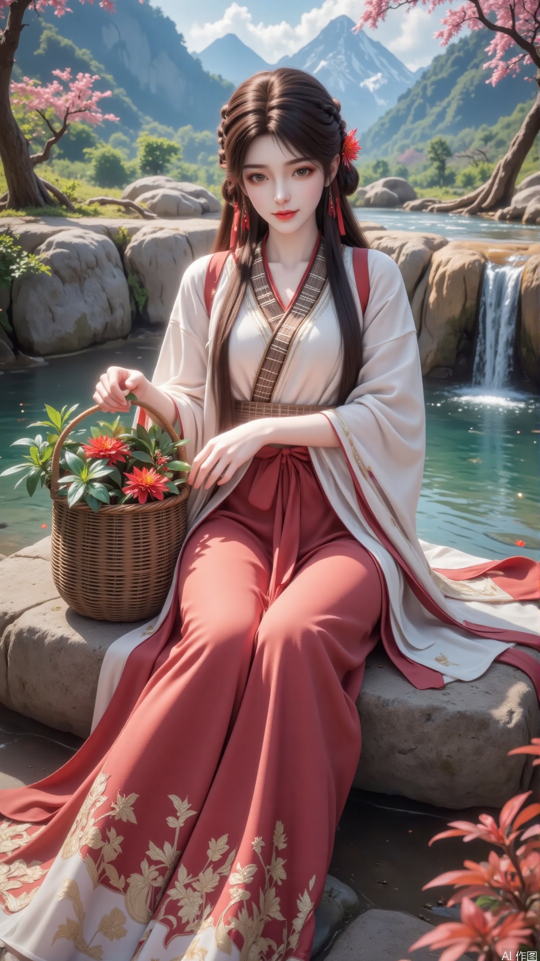 A 20-year-old Asian woman with delicate facial features, fair and smooth skin, soft facial features, and classical beauty. Her eyebrows are slender like willow leaves, her eyes are big and bright, and her gaze is gentle and slightly mysterious. Lips slightly raised, revealing a faint smile that appeared elegant and confident. She has long, dark brown hair that is voluminous and naturally falls from the top of her head to her waist. Liu Hai.
At the back of the head, some hair strands are carefully braided into delicate braids. The technique of braiding is very delicate, with clear and layered patterns, giving people a clean yet elegant feeling. The braided hair is not tied up high, but naturally falls down and interweaves with the rest of the long hair, creating a casual and natural beauty.
There is a small and delicate pink flower in the hair, delicate and dripping, as if it has just been picked from a branch, adding a fresh and sweet atmosphere to the overall look, like the first gentle ray blooming in spring. In addition, red ribbons are cleverly integrated into the hairstyle, with bright colors that create a sharp contrast with brown hair. One end of the ribbon is fixed at the braid, and the other end naturally hangs down along the hair, gently fluttering with her movements, as if lively notes are jumping, not only adding dynamic beauty to the hairstyle, but also highlighting a bit of playfulness and liveliness.
This woman's clothing combines classical charm with natural charm, with every detail carefully designed to showcase her unique beauty.
Top section: She is wearing a beige cross neckline top, which looks like linen and has a natural texture, giving a simple and comfortable feeling. The loose mid to long sleeved design with slightly tightened cuffs allows the arms to move freely, while also adding a touch of casualness and freedom. The neckline and collar are adorned with brown and red border decorations, like lines drawn with delicate strokes, which not only highlight the charm of traditional Chinese clothing, but also form a sharp contrast with the overall color tone. A brown diagonal tie extends from one side of the hem, cleverly breaking the monotony of solid colors and adding a dynamic element to the top, as if a gentle flutter can bring a gentle breeze. In addition, she also wore a brownish red checkered vest, with fine and regular patterns. The vest was tailored to fit her body and was just as long as her waist, highlighting her slender waist and adding a sense of layering and retro to the overall look.
Lower garment: The lower body is a unique patchwork long skirt. The upper part of the skirt is in bright red, like a blooming flower in spring, dazzling and eye-catching, instantly attracting everyone's attention and conveying a passionate atmosphere. A wide waist belt of the same color scheme was tied around her waist, which was carefully tied into a large bow. The ends of the bow naturally hung down and swayed gently with her steps, adding a playful and lively atmosphere to the overall look. The lower part of the skirt is a soft beige color, which echoes the color of the upper garment, creating a harmonious and unified visual effect. The hem of the skirt is intricately embroidered with exquisite golden floral patterns, which are lifelike and seem to have been picked from the countryside, cleverly fixed on the hem of the skirt. These floral patterns spread along the edge of the skirt, appearing and disappearing as she walked, as if telling the story of nature.
Accessories and shoes: She wears a red shoulder strap on her shoulder, which is of moderate width and convenient for carrying items. It also complements the red color on the upper part of the skirt, making the overall outfit more coordinated and unified.
She sat elegantly on the stone, gently touching the wicker basket filled with vibrant red flowers and tender green leaves, her movements natural and agile.
The background is a spectacular calcified waterfall landscape, with layers of water cascading down from the yellow brown calcified embankment, forming a dynamic water curtain. Below is a clear and transparent emerald green shallow pool, with withered tree branches lying horizontally in the water, adding a touch of natural wildness. Surrounded by lush vegetation, several trees adorn it, some with lush branches and leaves, while others appear slightly withered. In the distance, majestic mountains stand tall against the backdrop of blue sky and white clouds, with peaks shrouded in mist and clouds. The overall picture is brightly colored, with blue sky and white clouds, green mountains and waters, and yellow brown calcified landforms intertwined, showcasing the exquisite craftsmanship and peaceful magnificence of nature.