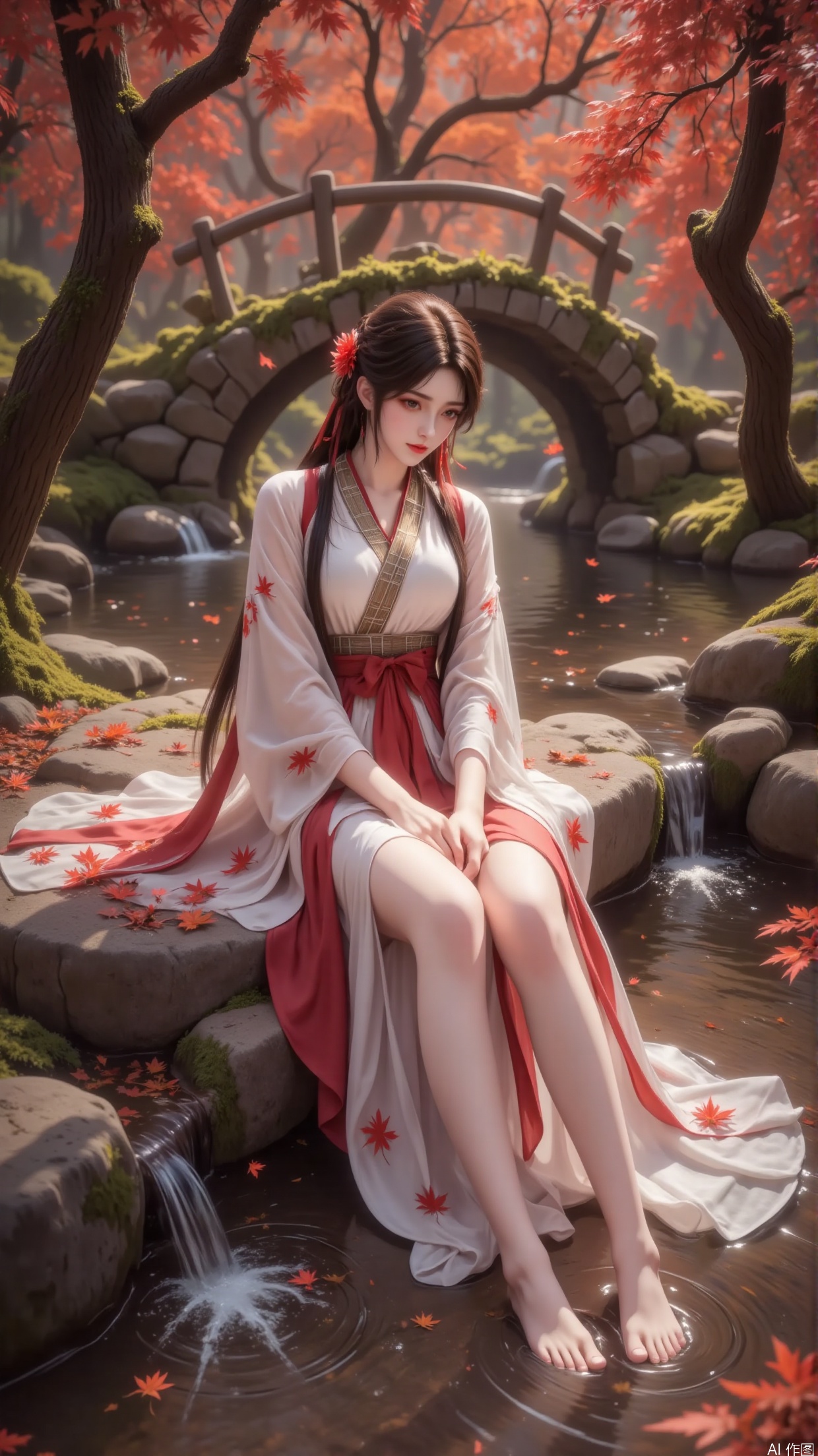 In a dreamlike maple forest, the interplay of light and shadow creates a warm and slightly mysterious atmosphere. The sunlight shines through the gaps between the dense maple leaves, casting fine light spots that sway and flicker on the ground, rocks, and women's bodies.
In the center of the picture, a woman sits quietly, like a fairy walking out of a painting. Her long black hair was bright and shiny, cascading down the rocks and ground behind her like a waterfall. The red flower between her hair was delicate and juicy, as if it had been given life. It trembled gently in the breeze, as if telling a unique story. Her face was exquisitely exquisite, with eyebrows as distant as jade, eyes like a clear lake, exuding a faint sense of tranquility and sorrow, and long eyelashes trembling slightly, like butterfly wings; Under the slender nose bridge, the rosy lips seemed to hold a faint smile, and the skin was delicate and fair, emitting a soft luster in the sunlight.
The Hanfu she was wearing was made of light and elegant materials, with a pure and flawless white background, like clouds and mist in the mountains. The outer layer of thin gauze fluttered slowly with the gentle breeze, like smoke swirling around, adding a touch of extraordinary temperament to her. The red border at the collar is like the veins of a maple leaf, delicate and eye-catching, echoing the bright red ribbon around the waist. The ribbon tied a delicate bow, and the excess part naturally hung down, swaying gently with her movements. The wide skirt was covered with rocks, and the red maple leaf pattern printed on it was lifelike, as if it could fall at any moment. Her legs had graceful lines, and her fair feet were immersed in the stream, splashing small splashes of water. The water droplets shimmered with a sparkling light in the sunlight, like tiny gems.
The maple forest around seems like a carefully drawn picture of nature. The sturdy branches of maple trees twist and spiral, with various shapes, covered in layers of maple leaves. Maple leaves are as red as fire, rustling in the breeze. From time to time, a few leaves detach from the branches and swirl and fall in the air. Some fall between a woman's hair and shoulders, while others fall on the water surface, flowing slowly with the stream. The stream under my feet is clear to the bottom, and I can see the stones and small fish swimming at the bottom of the water. The stone bridge not far away is quaint and elegant, covered in green vines that blend seamlessly with the surrounding scenery, as if silently witnessing the changes of time in this maple forest. The whole picture is full of poetry and romance, making people feel like they are in an ancient and beautiful dream, unwilling to wake up for a long time.