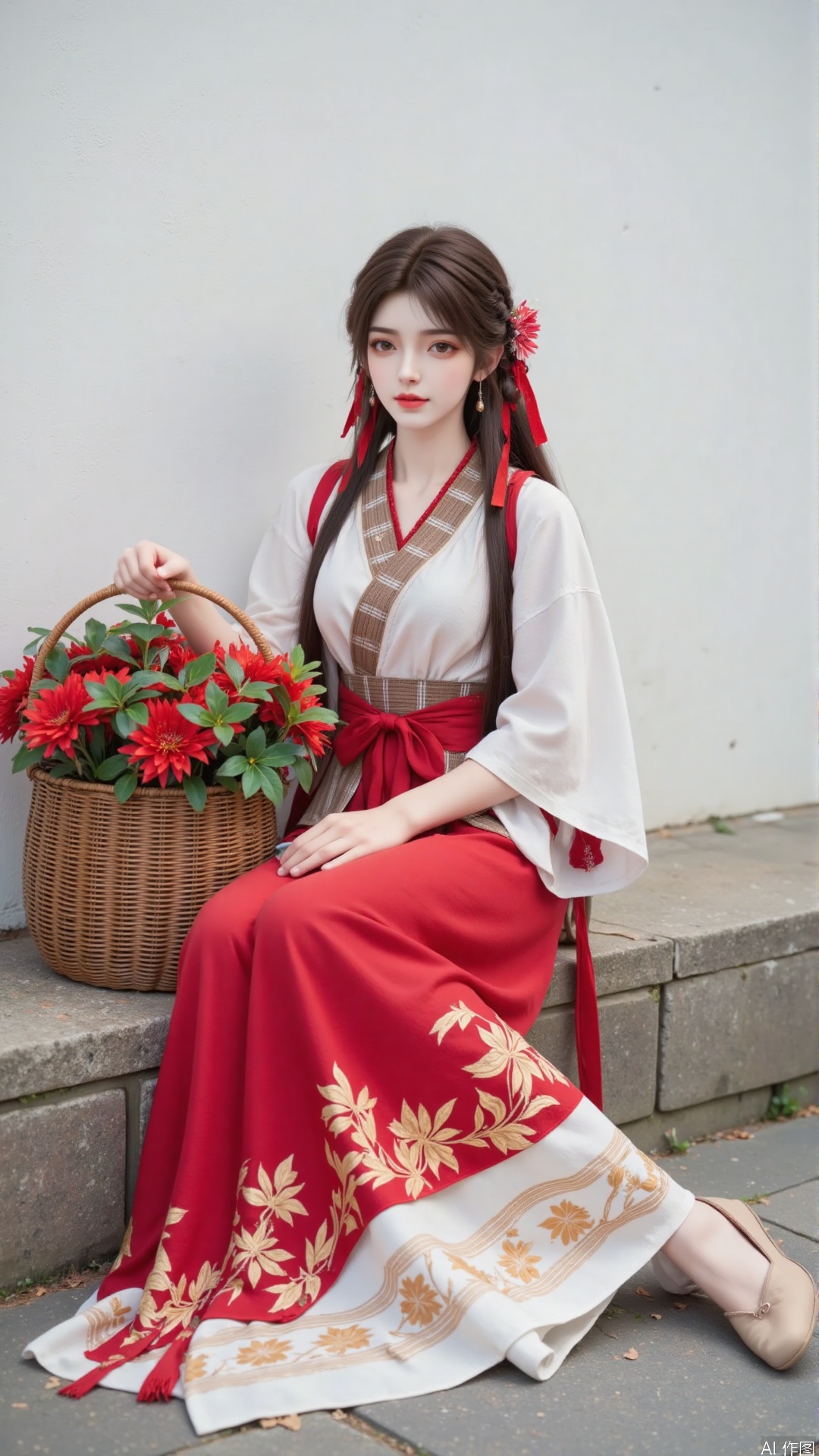 A 20-year-old Asian woman with delicate facial features, fair and smooth skin, soft facial features, and classical beauty. Her eyebrows are slender like willow leaves, her eyes are big and bright, and her gaze is gentle and slightly mysterious. Lips slightly raised, revealing a faint smile that appeared elegant and confident. She has long, dark brown hair that is voluminous and naturally falls from the top of her head to her waist. Liu Hai.
At the back of the head, some hair strands are carefully braided into delicate braids. The technique of braiding is very delicate, with clear and layered patterns, giving people a clean yet elegant feeling. The braided hair is not tied up high, but naturally falls down and interweaves with the rest of the long hair, creating a casual and natural beauty.
There is a small and delicate pink flower in the hair, delicate and dripping, as if it has just been picked from a branch, adding a fresh and sweet atmosphere to the overall look, like the first gentle ray blooming in spring. In addition, red ribbons are cleverly integrated into the hairstyle, with bright colors that create a sharp contrast with brown hair. One end of the ribbon is fixed at the braid, and the other end naturally hangs down along the hair, gently fluttering with her movements, as if lively notes are jumping, not only adding dynamic beauty to the hairstyle, but also highlighting a bit of playfulness and liveliness.
This woman's clothing combines classical charm with natural charm, with every detail carefully designed to showcase her unique beauty.
Top section: She is wearing a beige cross neckline top, which looks like linen and has a natural texture, giving a simple and comfortable feeling. The loose mid to long sleeved design with slightly tightened cuffs allows the arms to move freely, while also adding a touch of casualness and freedom. The neckline and collar are adorned with brown and red border decorations, like lines drawn with delicate strokes, which not only highlight the charm of traditional Chinese clothing, but also form a sharp contrast with the overall color tone. A brown diagonal tie extends from one side of the hem, cleverly breaking the monotony of solid colors and adding a dynamic element to the top, as if a gentle flutter can bring a gentle breeze. In addition, she also wore a brownish red checkered vest, with fine and regular patterns. The vest was tailored to fit her body and was just as long as her waist, highlighting her slender waist and adding a sense of layering and retro to the overall look.
Lower garment: The lower body is a unique patchwork long skirt. The upper part of the skirt is in bright red, like a blooming flower in spring, dazzling and eye-catching, instantly attracting everyone's attention and conveying a passionate atmosphere. A wide waist belt of the same color scheme was tied around her waist, which was carefully tied into a large bow. The ends of the bow naturally hung down and swayed gently with her steps, adding a playful and lively atmosphere to the overall look. The lower part of the skirt is a soft beige color, which echoes the color of the upper garment, creating a harmonious and unified visual effect. The hem of the skirt is intricately embroidered with exquisite golden floral patterns, which are lifelike and seem to have been picked from the countryside, cleverly fixed on the hem of the skirt. These floral patterns spread along the edge of the skirt. The skirt is decorated with beautiful tassels.
She was wearing a red shoulder strap on her shoulders, with a moderate width that was convenient for carrying items and complemented the red color on the upper part of the skirt, making the overall outfit more coordinated and unified. Wearing a pair of light brown flat shoes on the feet, the upper is simple and clean, without too much decoration, complementing the overall rustic and natural style, ensuring comfortable walking without damaging the harmony of the overall shape.
She elegantly sat on the stone by the wall, gently touching the wicker basket filled with bright red flowers and tender green leaves, her movements natural and agile.
The background is a simple light white wall, with soft and uniform lighting, creating a warm and peaceful atmosphere. The overall picture is rich in details and high-definition, presenting a classical and beautiful artistic conception.