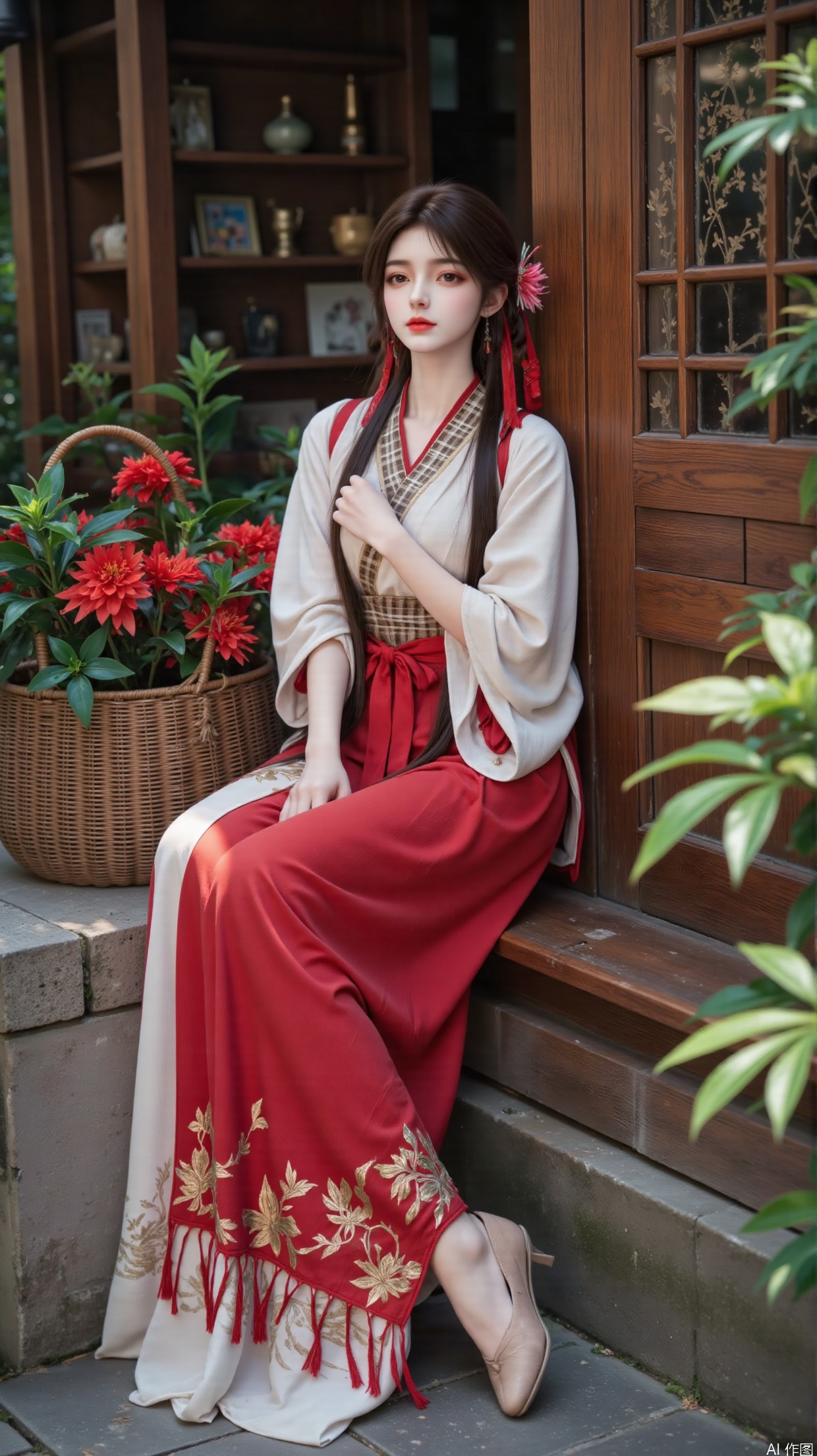 A 20-year-old Asian woman sits on the steps, her left hand touching her face and her right hand resting on her leg. Exquisite facial features, fair and smooth skin, soft facial features, with classical beauty. Her eyebrows are slender like willow leaves, her eyes are big and bright, and her gaze is gentle and slightly mysterious. Lips slightly raised, revealing a faint smile that appeared elegant and confident. She has long, dark brown hair that is voluminous and naturally falls from the top of her head to her waist. Liu Hai.
At the back of the head, some hair strands are carefully braided into delicate braids. The technique of braiding is very delicate, with clear and layered patterns, giving people a clean yet elegant feeling. The braided hair is not tied up high, but naturally falls down and interweaves with the rest of the long hair, creating a casual and natural beauty.
There is a small and delicate pink flower in the hair, delicate and dripping, as if it has just been picked from a branch, adding a fresh and sweet atmosphere to the overall look, like the first gentle ray blooming in spring. In addition, red ribbons are cleverly integrated into the hairstyle, with bright colors that create a sharp contrast with brown hair. One end of the ribbon is fixed at the braid, and the other end naturally hangs down along the hair, gently fluttering with her movements, as if lively notes are jumping, not only adding dynamic beauty to the hairstyle, but also highlighting a bit of playfulness and liveliness.
This woman's clothing combines classical charm with natural charm, with every detail carefully designed to showcase her unique beauty.
Top section: She is wearing a beige cross neckline top, which looks like linen and has a natural texture, giving a simple and comfortable feeling. The loose mid to long sleeved design with slightly tightened cuffs allows the arms to move freely, while also adding a touch of casualness and freedom. The neckline and collar are adorned with brown and red border decorations, like lines drawn with delicate strokes, which not only highlight the charm of traditional Chinese clothing, but also form a sharp contrast with the overall color tone. A brown diagonal tie extends from one side of the garment, cleverly breaking the monotony of solid colors and adding a dynamic element to the top, as if a gentle flutter can bring a gentle breeze. In addition, she also wore a brownish red checkered vest, with fine and regular patterns. The vest was tailored to fit her body and was just as long as her waist, highlighting her slender waist and adding a sense of layering and retro to the overall look.
Lower garment: The lower body is a unique patchwork long skirt. The upper part of the skirt is in bright red, like a blooming flower in spring, dazzling and eye-catching, instantly attracting everyone's attention and conveying a passionate atmosphere. She tied a wide waist belt of the same color scheme around her waist, which was carefully tied into a large bow. The ends of the bow naturally hung down and swayed gently with her steps, adding a playful and lively atmosphere to the overall look. The lower part of the skirt is a soft beige color, which echoes the color of the upper garment, creating a harmonious and unified visual effect. The hem of the skirt is intricately embroidered with exquisite golden floral patterns, which are lifelike and seem to have been picked from the countryside, cleverly fixed on the hem of the skirt. These floral patterns spread along the edge of the skirt, appearing and disappearing as she walked, as if telling the story of nature.
Accessories and shoes: She wears a red shoulder strap on her shoulder, which is of moderate width and convenient for carrying items. It also complements the red color on the upper part of the skirt, making the overall outfit more coordinated and unified. Wearing a pair of light brown flat shoes on the feet, the upper is simple and clean, without too much decoration, complementing the overall rustic and natural style, ensuring comfortable walking without damaging the harmony of the overall shape.
The mesh at the hem of the skirt is a highlight of the entire outfit. The diamond shaped grid is arranged in a regular and varied manner, with gold shining but not dazzling against the beige backdrop, showcasing a low-key sense of luxury, as if it contains ancient Eastern wisdom and mysterious symbolism.
There is a wicker basket next to it, intricately woven with clear and visible textures. It is filled with bright red flowers and emerald green leaves, as if just picked from the countryside, adding a strong sense of life and natural beauty to the entire design.
The background is a wooden wall full of retro charm, with darker colors and traces of time, appearing antique and textured. There are several glass windows embedded on the wall, and the window frames are also made of wood, similar in color to the wall and seamlessly integrated. Through the glass window, one can vaguely see the interior furnishings, with some decorations placed on wooden shelves, appearing warm and elegant. The green plants next to them are full of vitality, with lush green leaves. The sunlight seeps through the gaps in the leaves, casting mottled light and shadow on her body and the ground, creating a peaceful, comfortable, and artistic atmosphere, as if time is still at this moment, leaving only this beautiful picture.