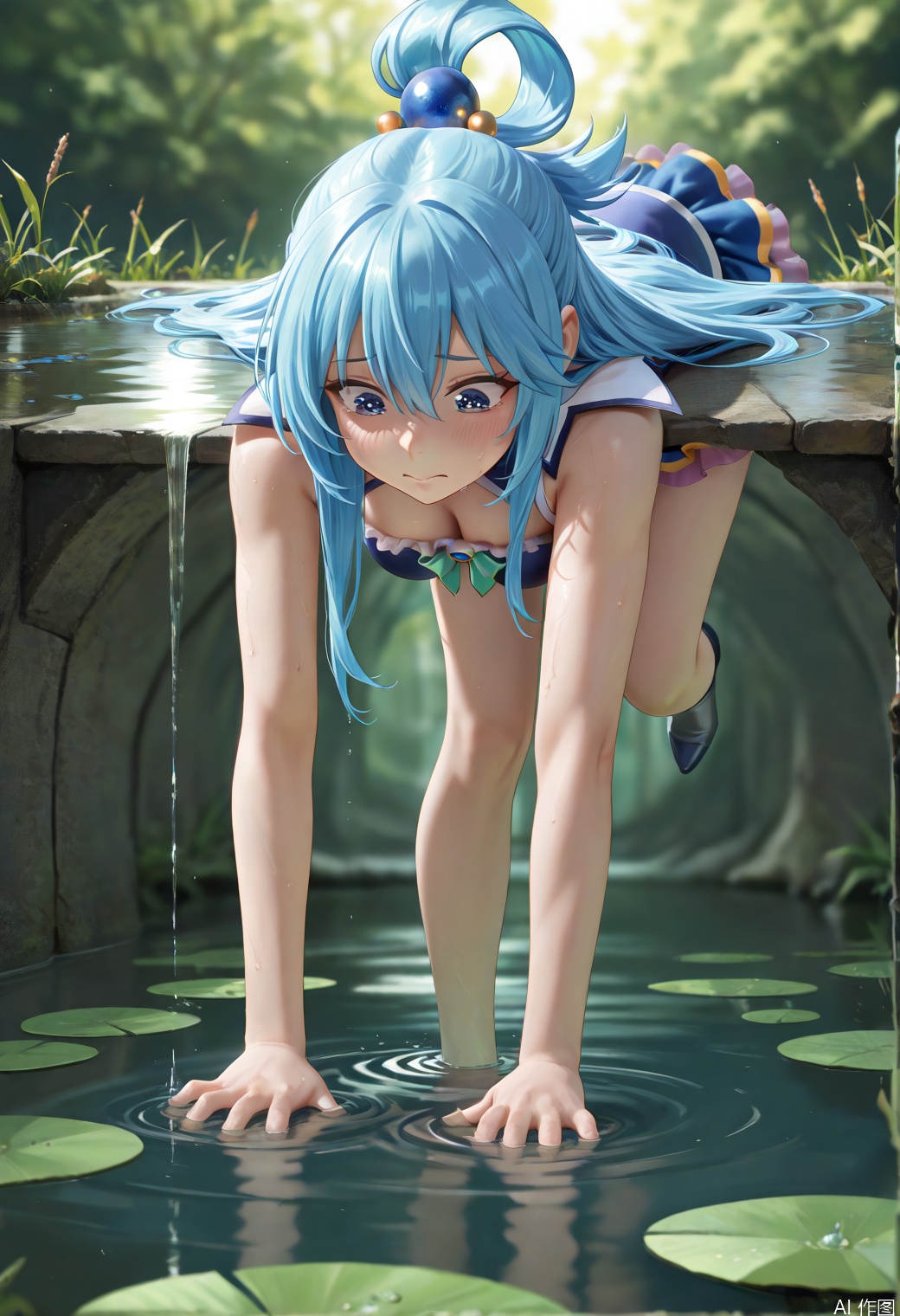 masterpiece, best quality, good quality, very aesthetic, absurdres, newest, 8K, detailed anime, depth of field, focused subject, vibrant anime, BREAK Aqua (Konosuba), bending down to look at a frog, lily pond , volumetric lighting, epic composition, epic proportion, ,masterpiece,best quality,amazing quality,very aesthetic,absurdres,newest,perfect hands,artist:moriimee,FaceLighting,kawaiiShoujo