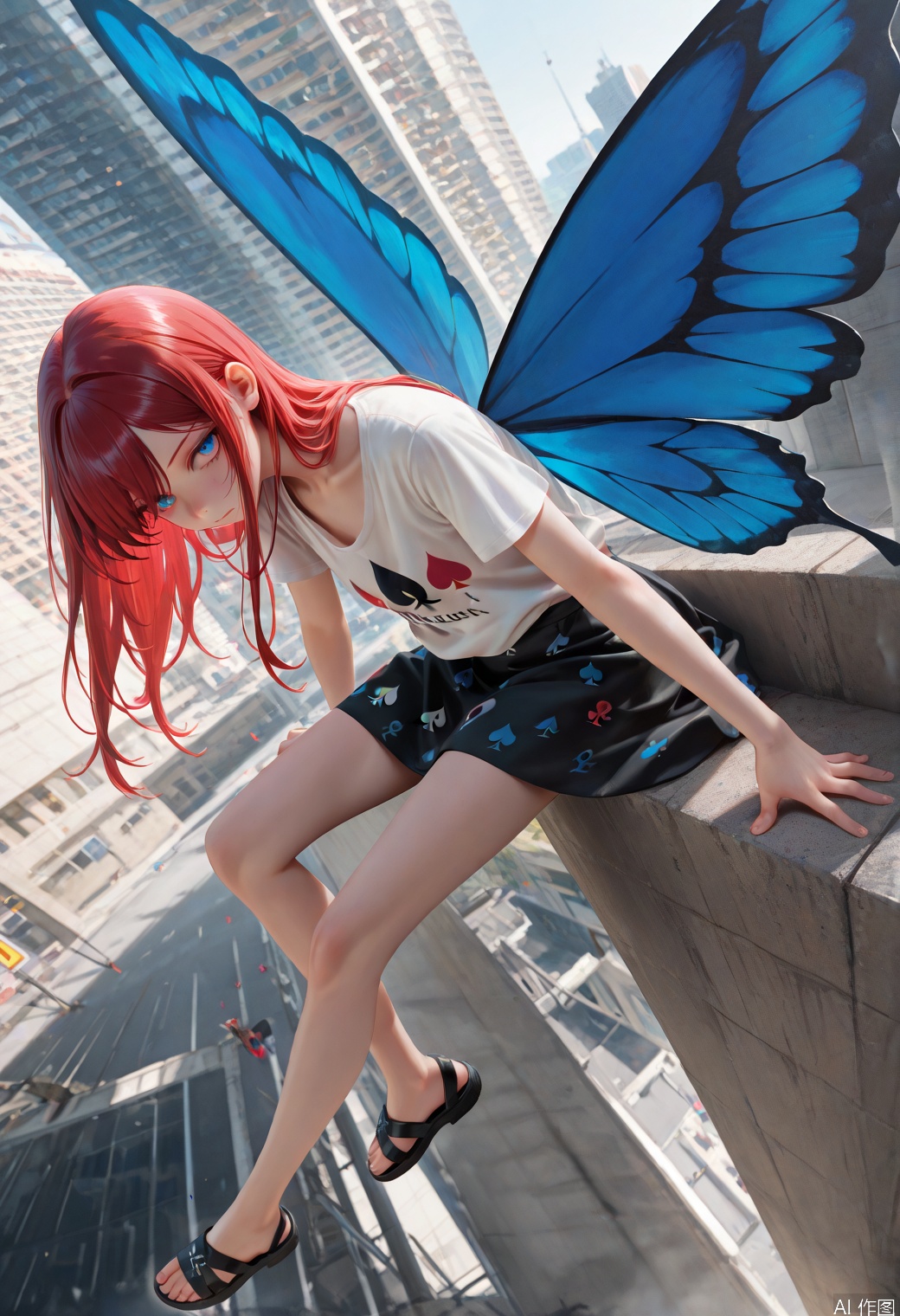 
(outside_tower), (full body), 1girl, ((solo)), (perfect face feature), an undersized fairy wearing (white t-shirt) with (spade print) and (black skirt) with many spade prints , sitting, (red long hair), (blue butterfly wings), (dynamic angle), black sandals, skinny, ((masterpiece)), ((best quality)), (ultra-detailed), highest picture quality, amazing quality, very aesthetic, high resolution,handfixer