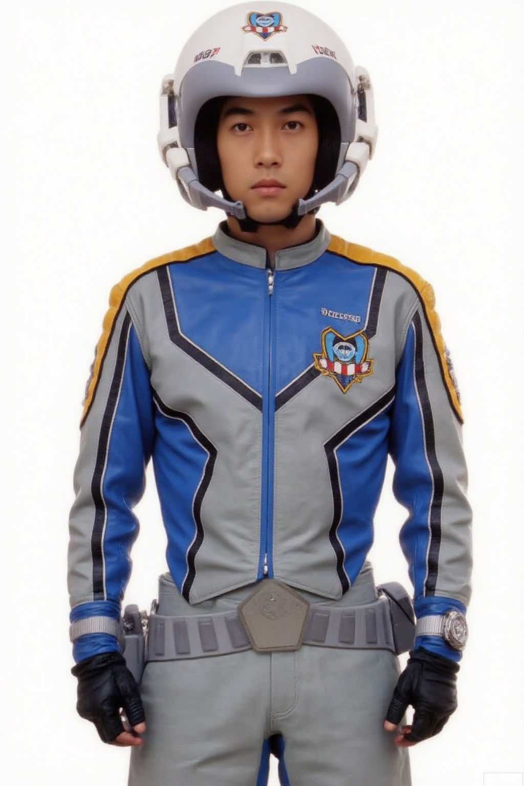 masterpiece, best quality,solo,(white background:1.2),simple background,
looking at viewer,XIG,helmet,collar,belt,logo,uniform,jacket,pants,gloves,boots,emblem,blue jacket,blue pants,blue jacket with grey line,blue pants with gray line