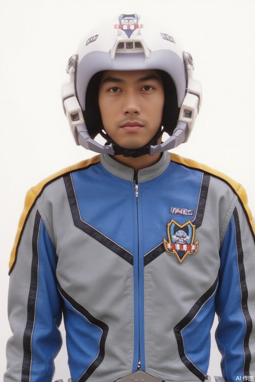 masterpiece, best quality,solo,(white background:1.2),simple background,
looking at viewer,XIG,helmet,collar,belt,logo,uniform,jacket,emblem,blue jacket,blue pants,blue jacket with grey line,blue pants with gray line