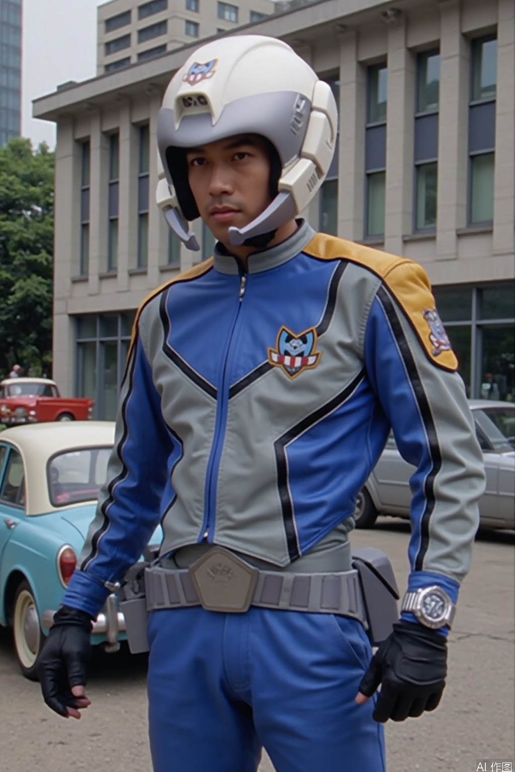 XIG,helmet,collar,belt,logo,uniform,jacket,pants,gloves,boots,emblem,blue jacket,blue pants,blue jacket with grey line,blue pants with gray line