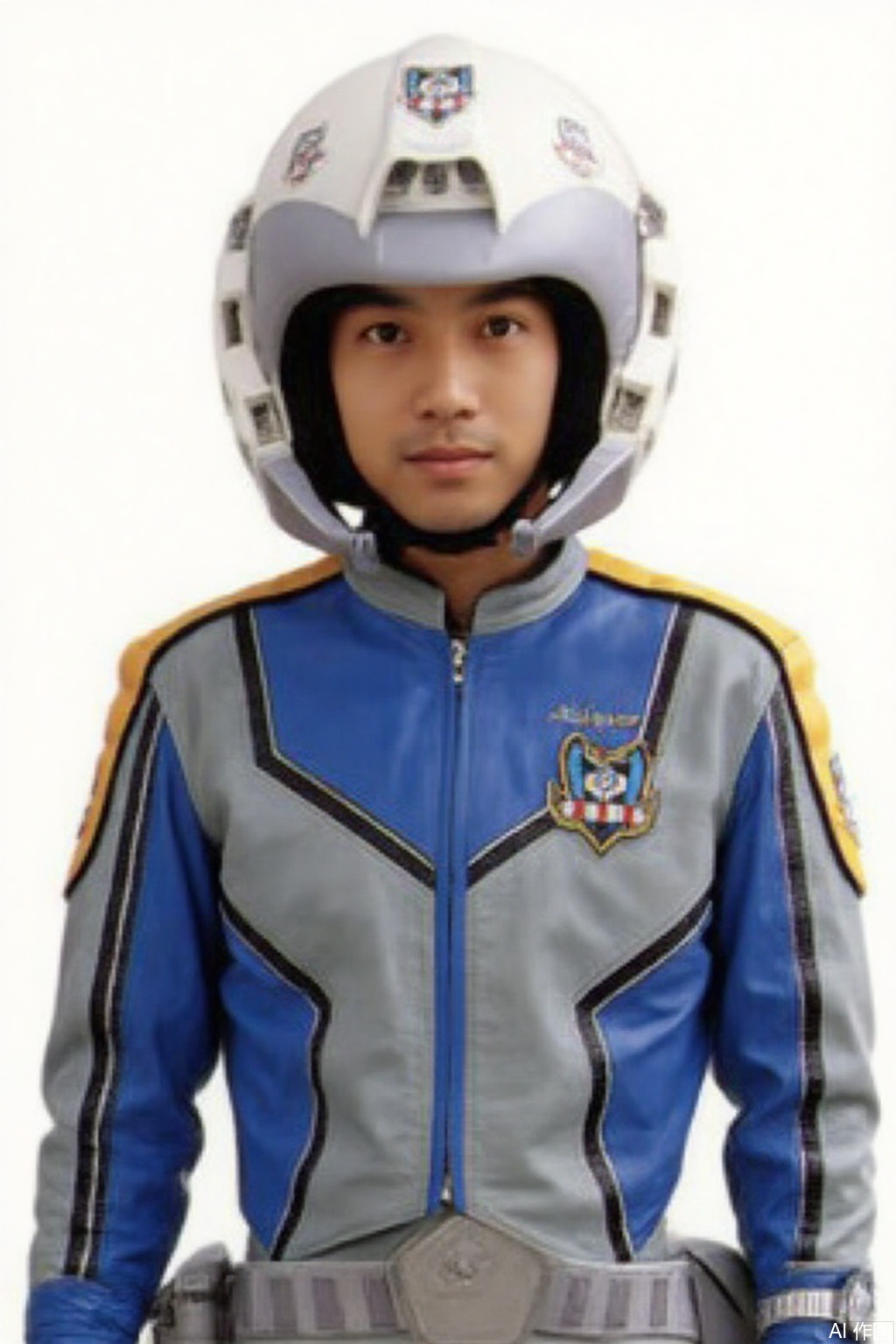 masterpiece, best quality,solo,(white background:1.2),simple background,
looking at viewer,XIG,helmet,collar,belt,logo,uniform,jacket,emblem,blue jacket,blue pants,blue jacket with grey line,blue pants with gray line