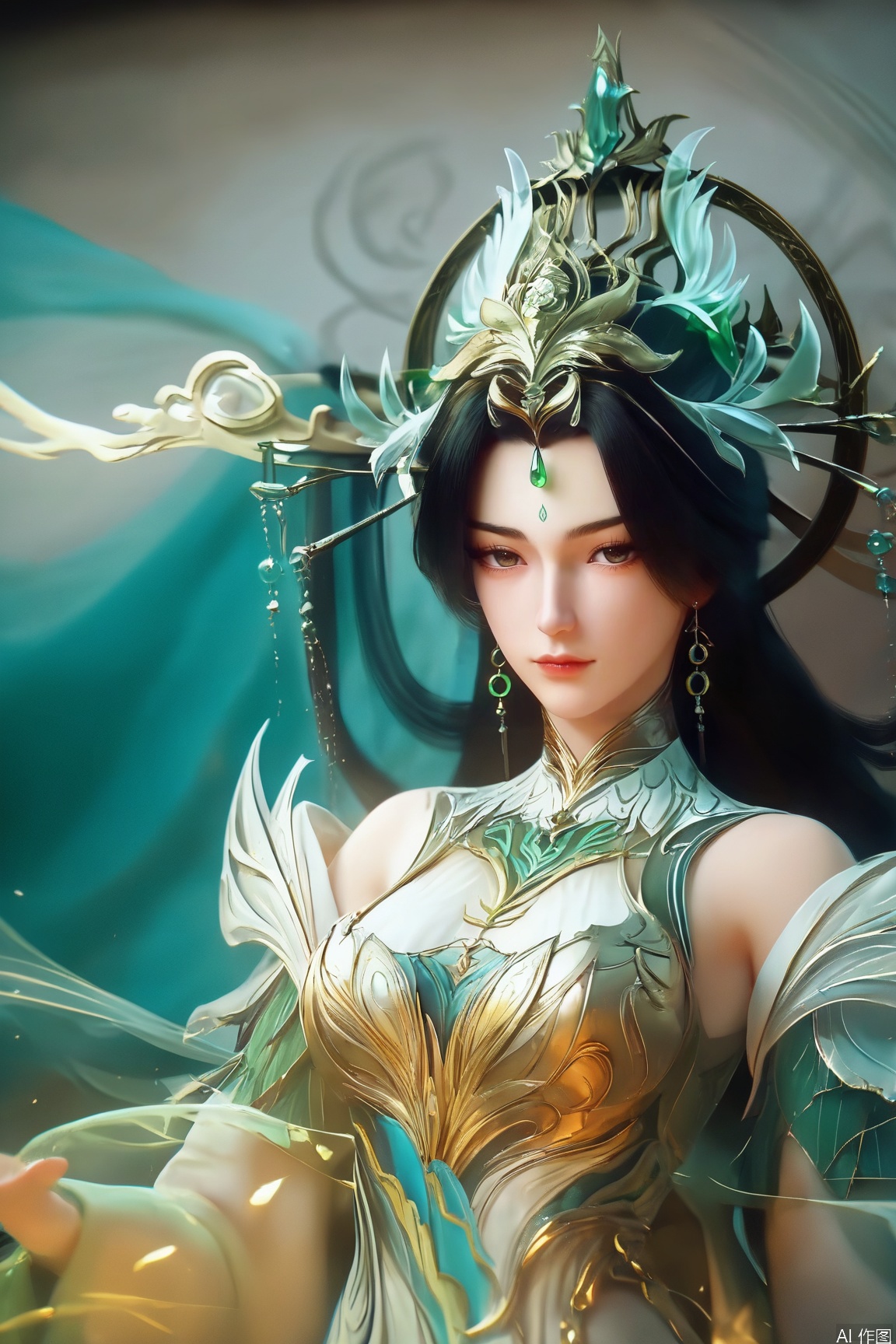 score_9_up,score_8_up,score_7_up,(Masterpiece, Best Quality, High Resolution, 8K Raw),absurdres, highres, Expressiveh,illustration,CG,
1girl, solo, long hair, looking at viewer, black hair, hair ornament, dress, bare shoulders, jewelry, closed mouth, upper body, earrings, forehead mark