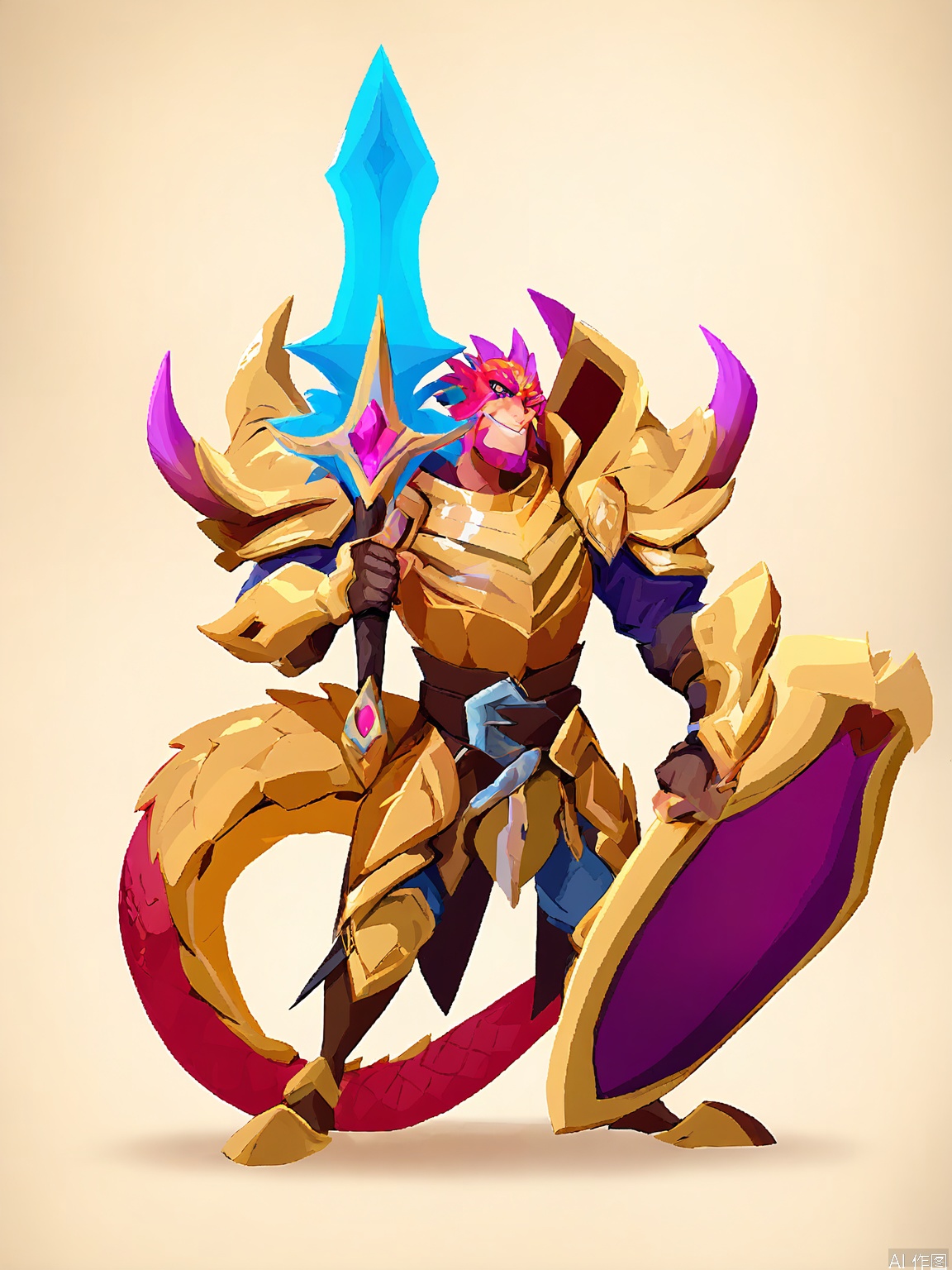 OMKT, Digital portrayal of a majestic dragonborn paladin in shining scale armor, holding a holy sword aloft in one hand and a shield emblazoned with a dragon emblem in the other. His scales are a brilliant gold, and his eyes glow with righteous fury. The background is a pure white, and the art style is heroic and cartoonish, with strong, defined outlines and vivid colors.
