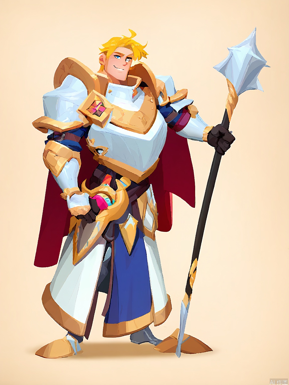 OMKT, Digital rendering of a noble human cleric in ornate plate armor, holding a sacred mace and a holy symbol. His blond hair is neatly trimmed, and his expression is one of piety. The armor is polished to a shine, with intricate designs etched into it. The background is a pure white, and the art style is regal and cartoonish, with elegant lines and rich colors.
