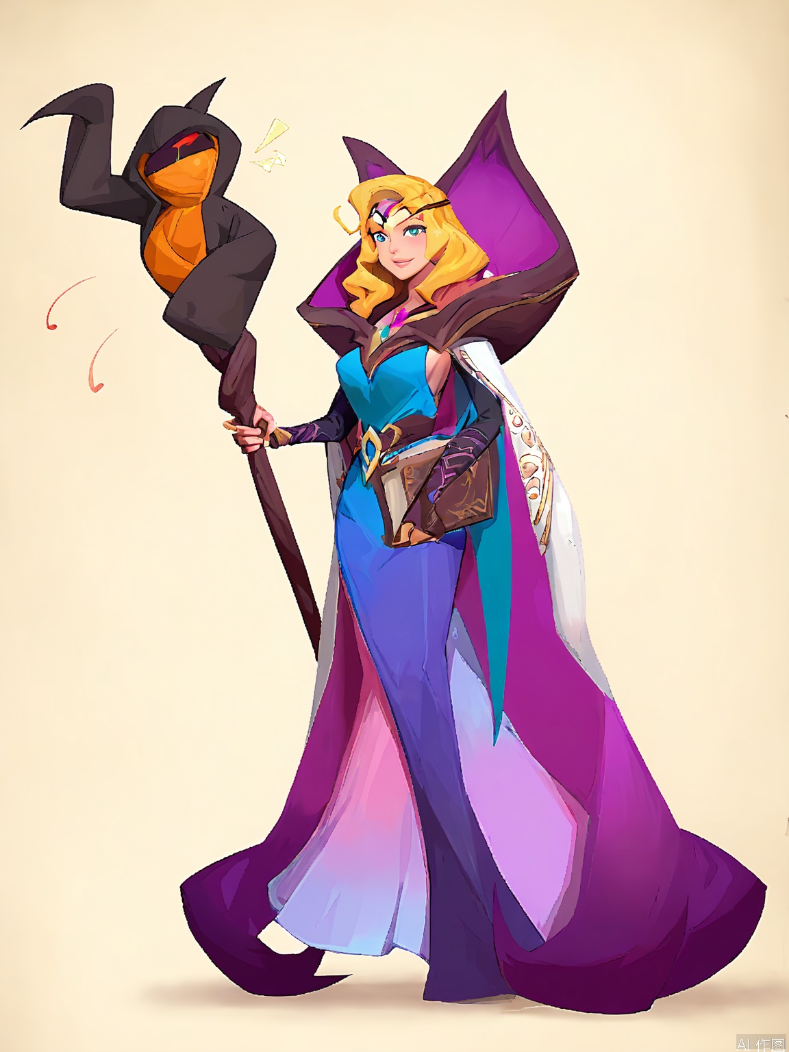OMKT, Digital drawing of an elven sorceress in flowing robes, standing gracefully with a staff in her right hand and a spellbook in her left. She has long, golden hair and a serene expression. The robes are a deep purple with silver embroidery, and she wears a circlet on her head. The background is a simple, crisp white, and the overall style is whimsical and cartoony with vibrant hues and playful lines.
