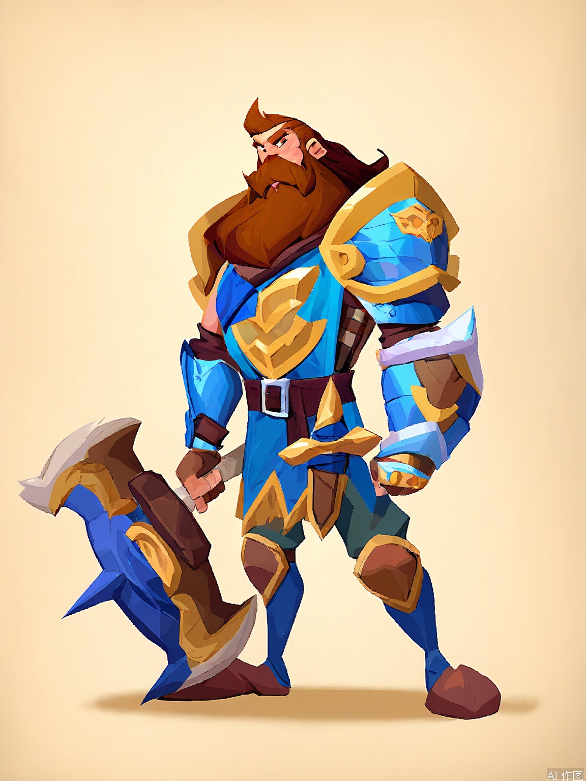 OMKT, Digital illustration of a brave dwarf fighter, wielding a war hammer and a shield emblazoned with his clan's emblem. His beard is thick and braided, and his expression is one of determination. He wears heavy plate armor, with a blue tabard over it. The background is a plain white, and the artwork is rugged and cartoonish, with strong lines and earthy colors.
