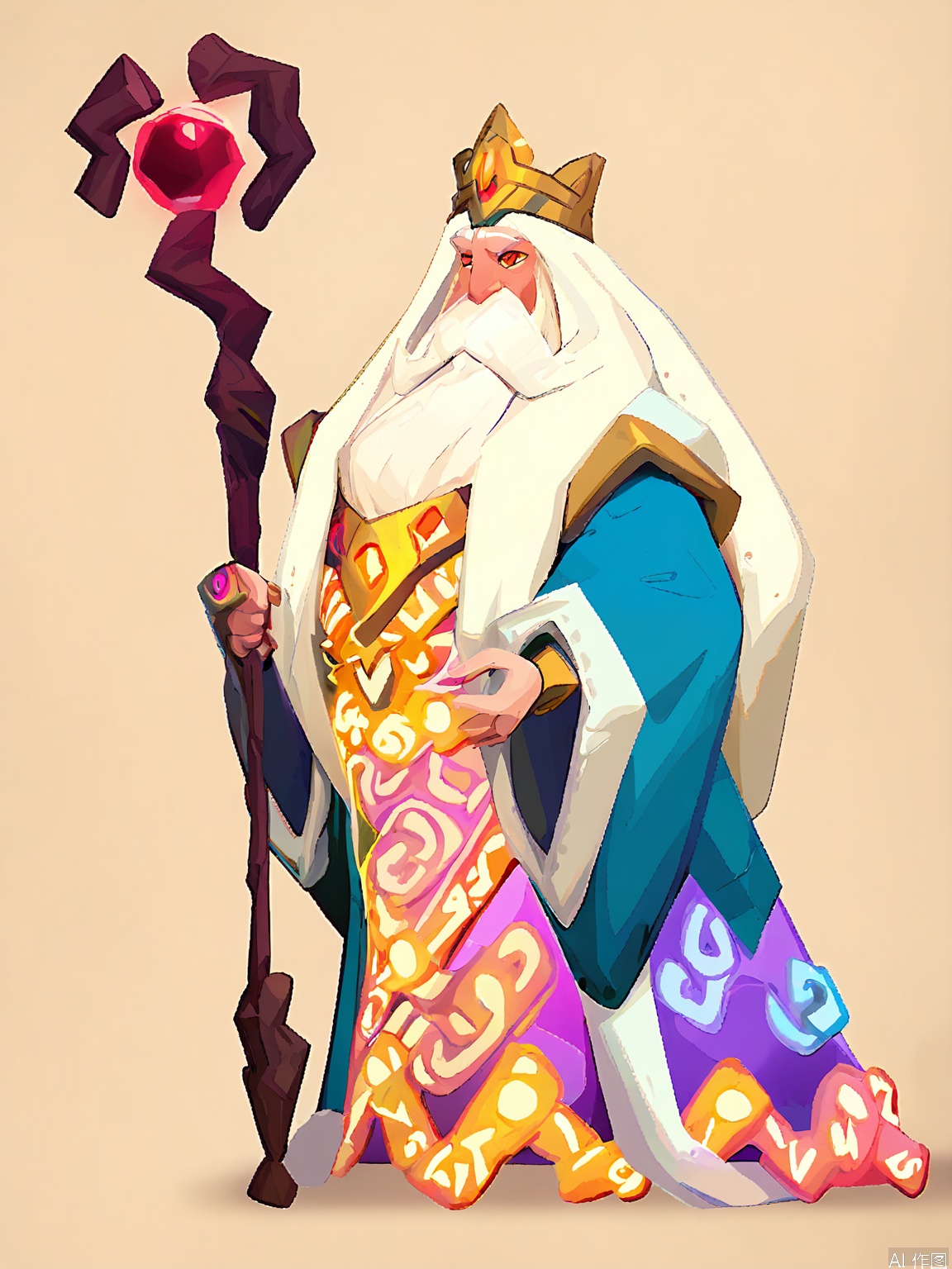 OMKT, Digital illustration of a wise old wizard in a flowing blue robe, holding a staff adorned with mystical runes. His long white beard flows down to his chest, and his eyes twinkle with wisdom. The background is a plain white, and the artwork has a whimsical, cartoony feel with soft lines and pastel hues.
