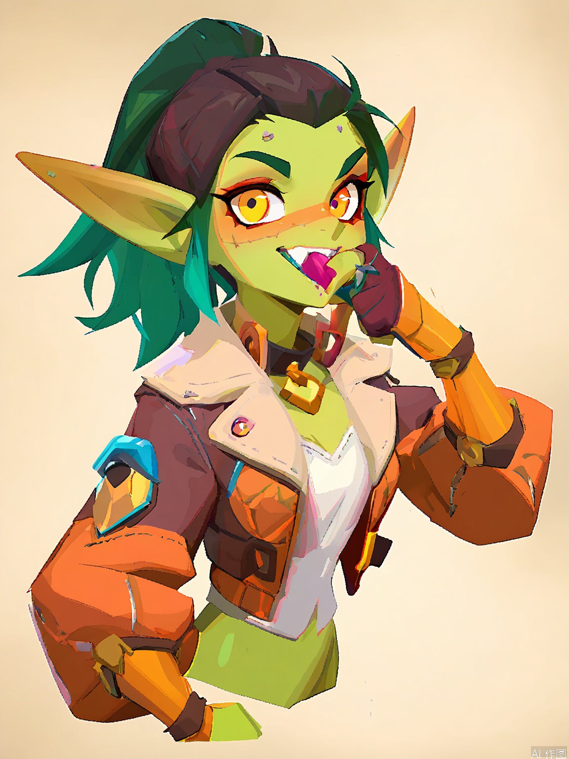 OMKT, Digital sketch of a cunning goblin artificer, tinkering with a complex gadget in his hands. His green skin is splattered with grease, and his eyes are alight with curiosity. He wears a patchwork jacket made of various materials. The background is a stark white, and the art style is whimsical and cartoonish, with intricate details and lively colors.

