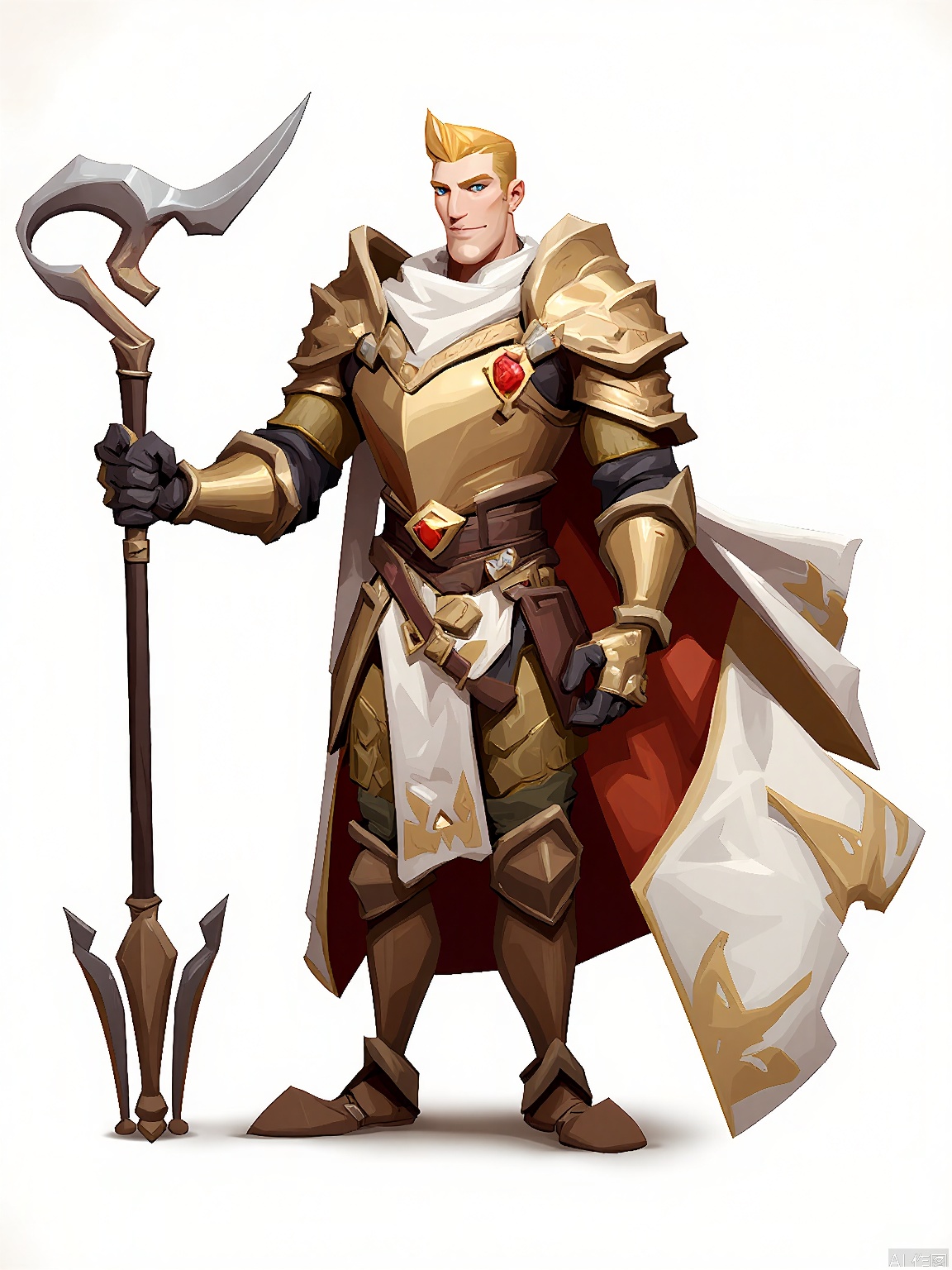 OMKT, Digital rendering of a noble human cleric in ornate plate armor, holding a sacred mace and a holy symbol. His blond hair is neatly trimmed, and his expression is one of piety. The armor is polished to a shine, with intricate designs etched into it. The background is a pure white, and the art style is regal and cartoonish, with elegant lines and rich colors.