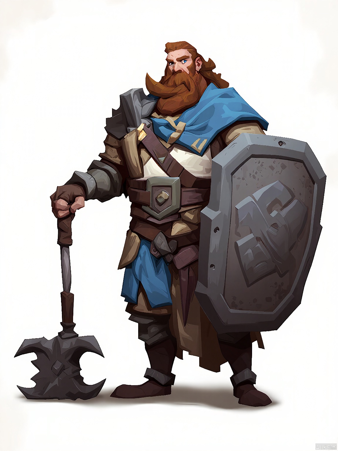 OMKT, Digital illustration of a brave dwarf fighter, wielding a war hammer and a shield emblazoned with his clan's emblem. His beard is thick and braided, and his expression is one of determination. He wears heavy plate armor, with a blue tabard over it. The background is a plain white, and the artwork is rugged and cartoonish, with strong lines and earthy colors.

