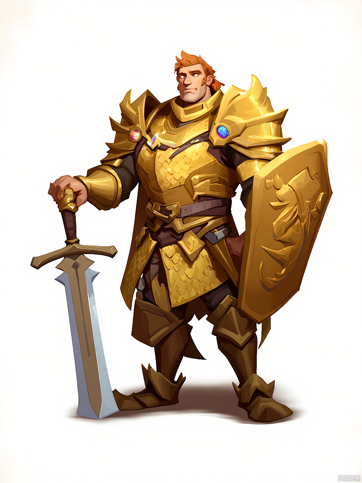 OMKT, Digital portrayal of a majestic dragonborn paladin in shining scale armor, holding a holy sword aloft in one hand and a shield emblazoned with a dragon emblem in the other. His scales are a brilliant gold, and his eyes glow with righteous fury. The background is a pure white, and the art style is heroic and cartoonish, with strong, defined outlines and vivid colors.