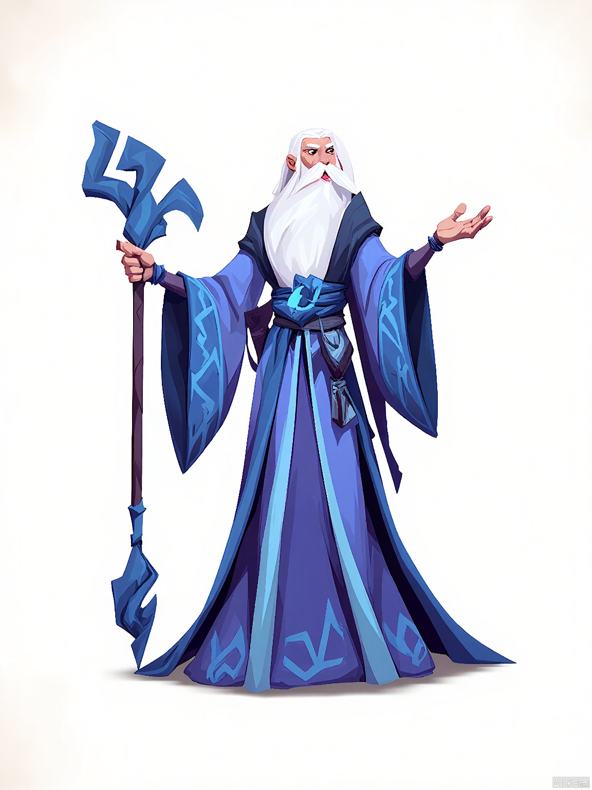 OMKT, Digital illustration of a wise old wizard in a flowing blue robe, holding a staff adorned with mystical runes. His long white beard flows down to his chest, and his eyes twinkle with wisdom. The background is a plain white, and the artwork has a whimsical, cartoony feel with soft lines and pastel hues.