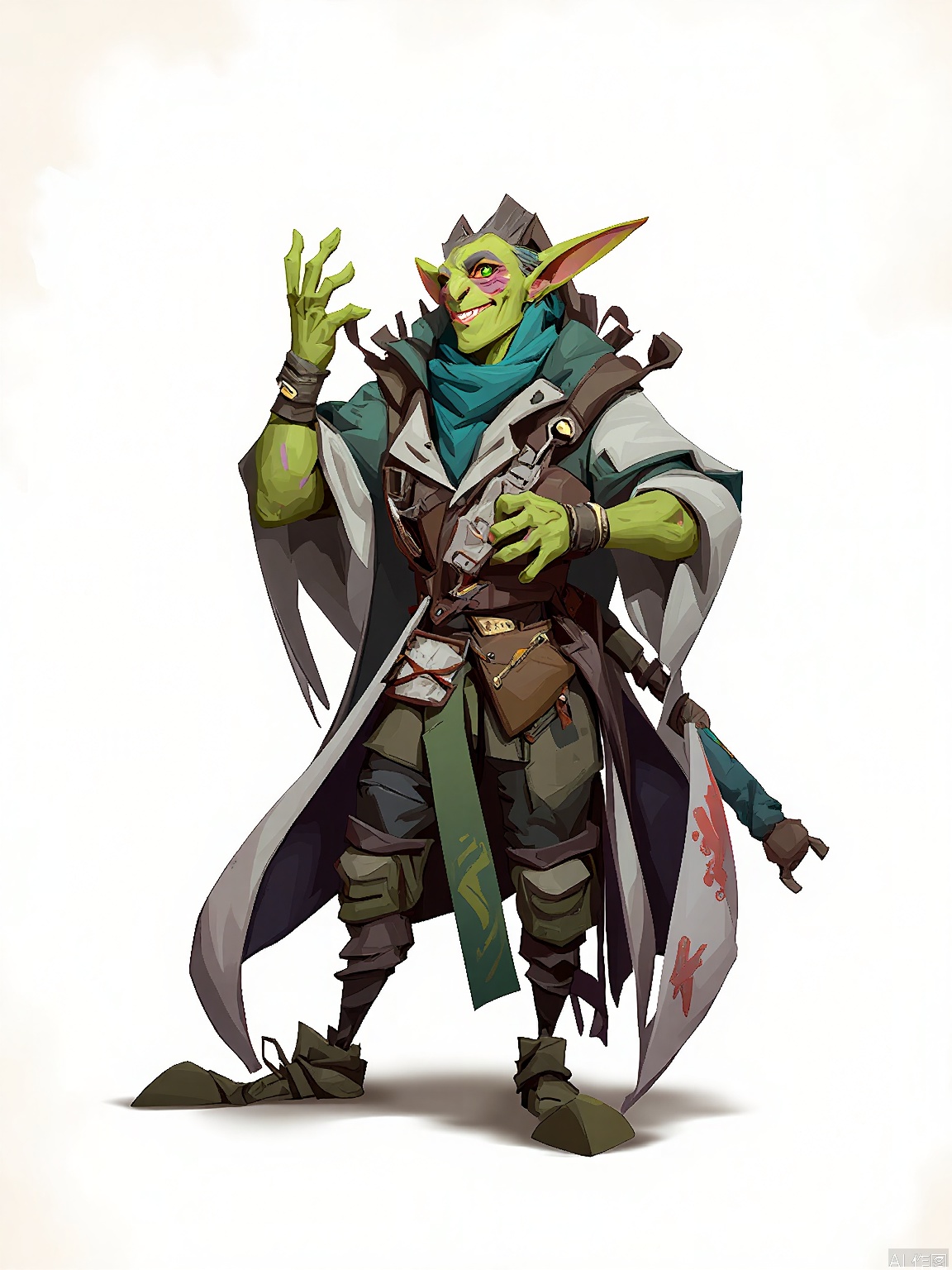 OMKT, Digital sketch of a cunning goblin artificer, tinkering with a complex gadget in his hands. His green skin is splattered with grease, and his eyes are alight with curiosity. He wears a patchwork jacket made of various materials. The background is a stark white, and the art style is whimsical and cartoonish, with intricate details and lively colors.

