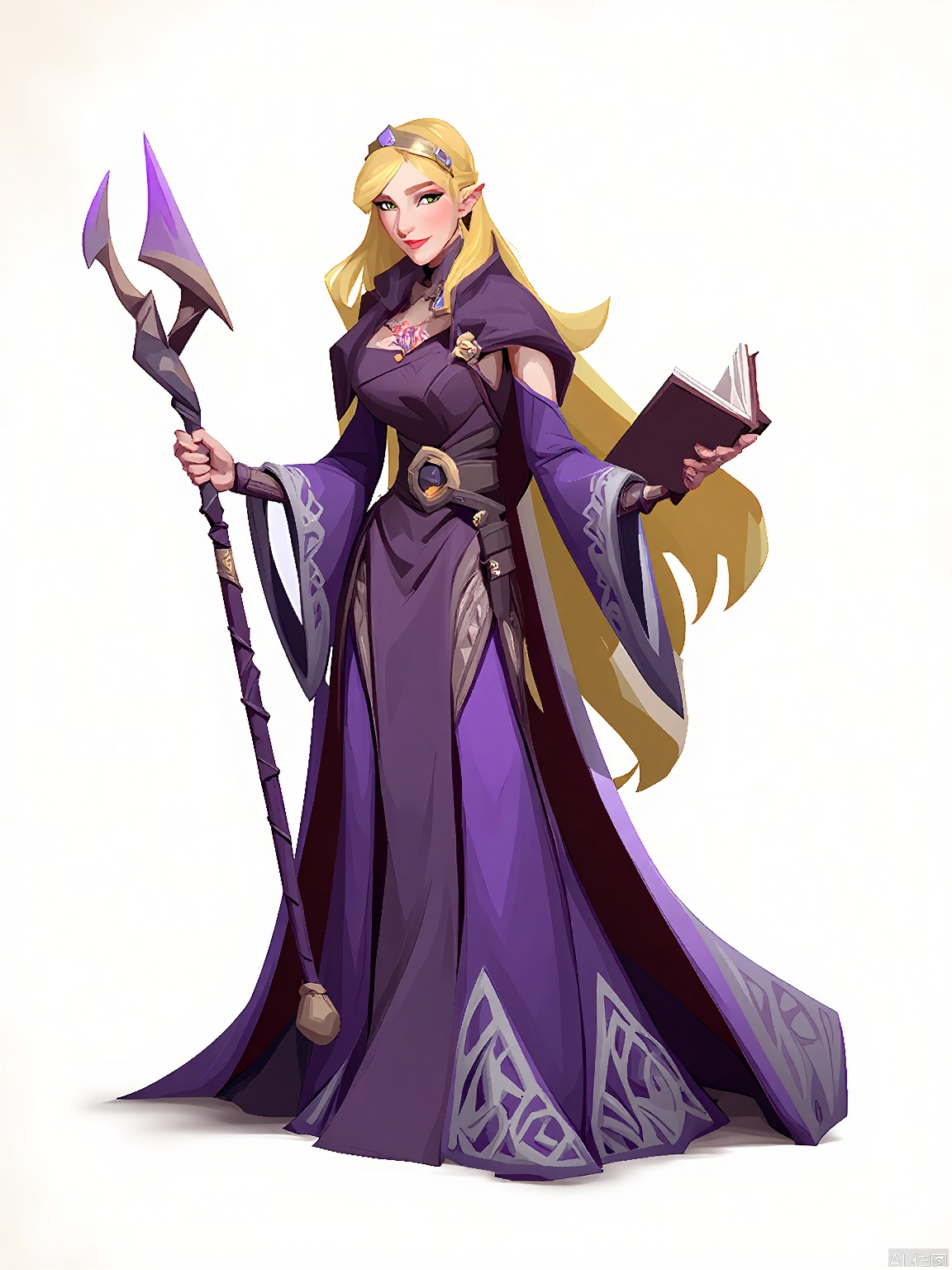 OMKT, Digital drawing of an elven sorceress in flowing robes, standing gracefully with a staff in her right hand and a spellbook in her left. She has long, golden hair and a serene expression. The robes are a deep purple with silver embroidery, and she wears a circlet on her head. The background is a simple, crisp white, and the overall style is whimsical and cartoony with vibrant hues and playful lines.