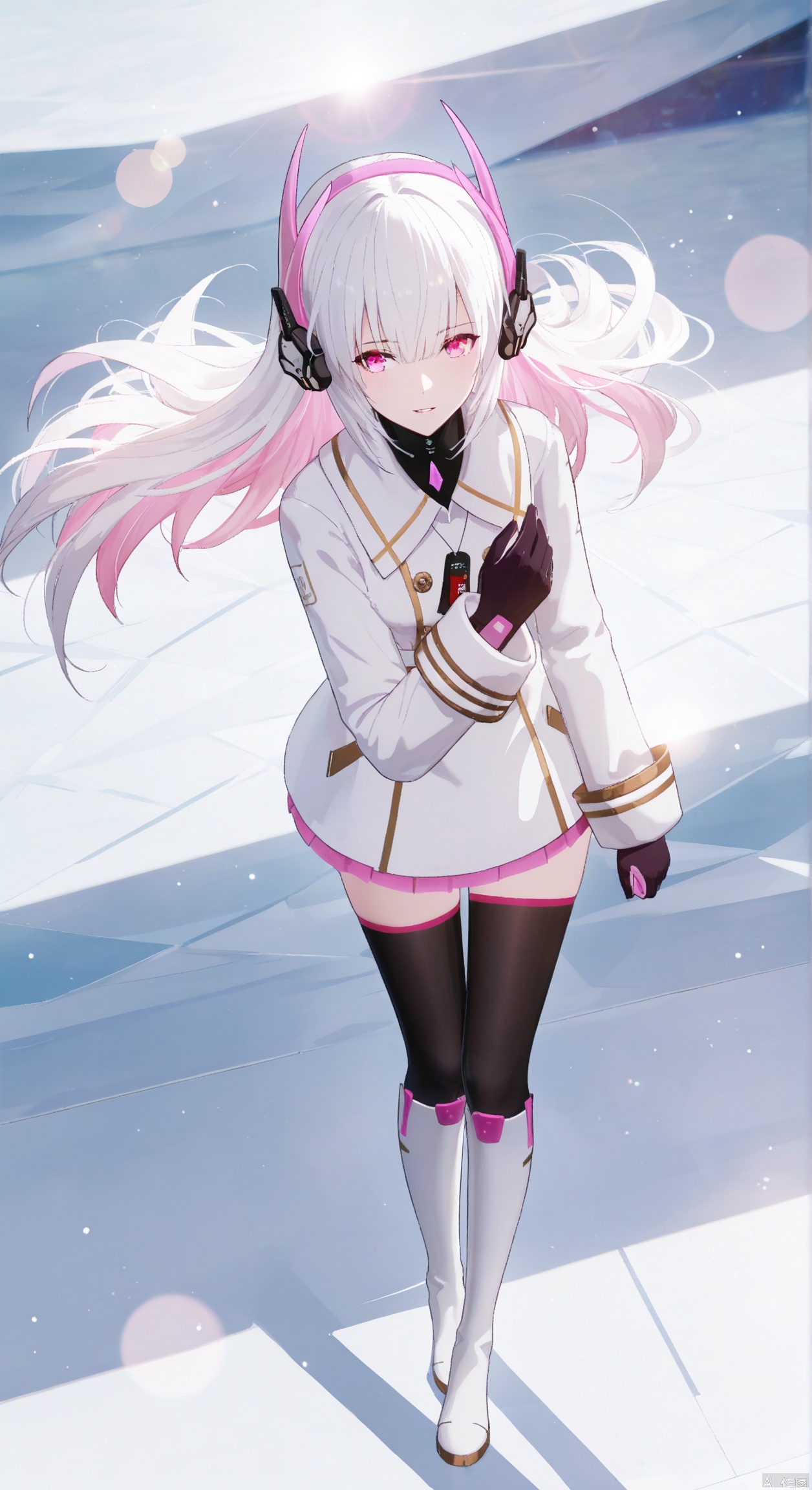 1girl,liv-eclipse/(punishing gray raven), solo, long hair, bangs, thighhighs, gloves, long sleeves, white hair, boots, black gloves, black thighhighs, pink eyes, headgear, headphones, white footwear, white coat, pink inner hair,soft gentle eyes,gentle expression,parted lips,light smile,depth of field, light particles, lens flare, masterpiece,best quality,((artist:reoen),(artist:fuzichoco),(artist:atdan),(artist:torino_aqua:0.5),year 2024:0.5),(artist:omone_hokoma_agm:0.8), 2d, anime,full body,floating,from above