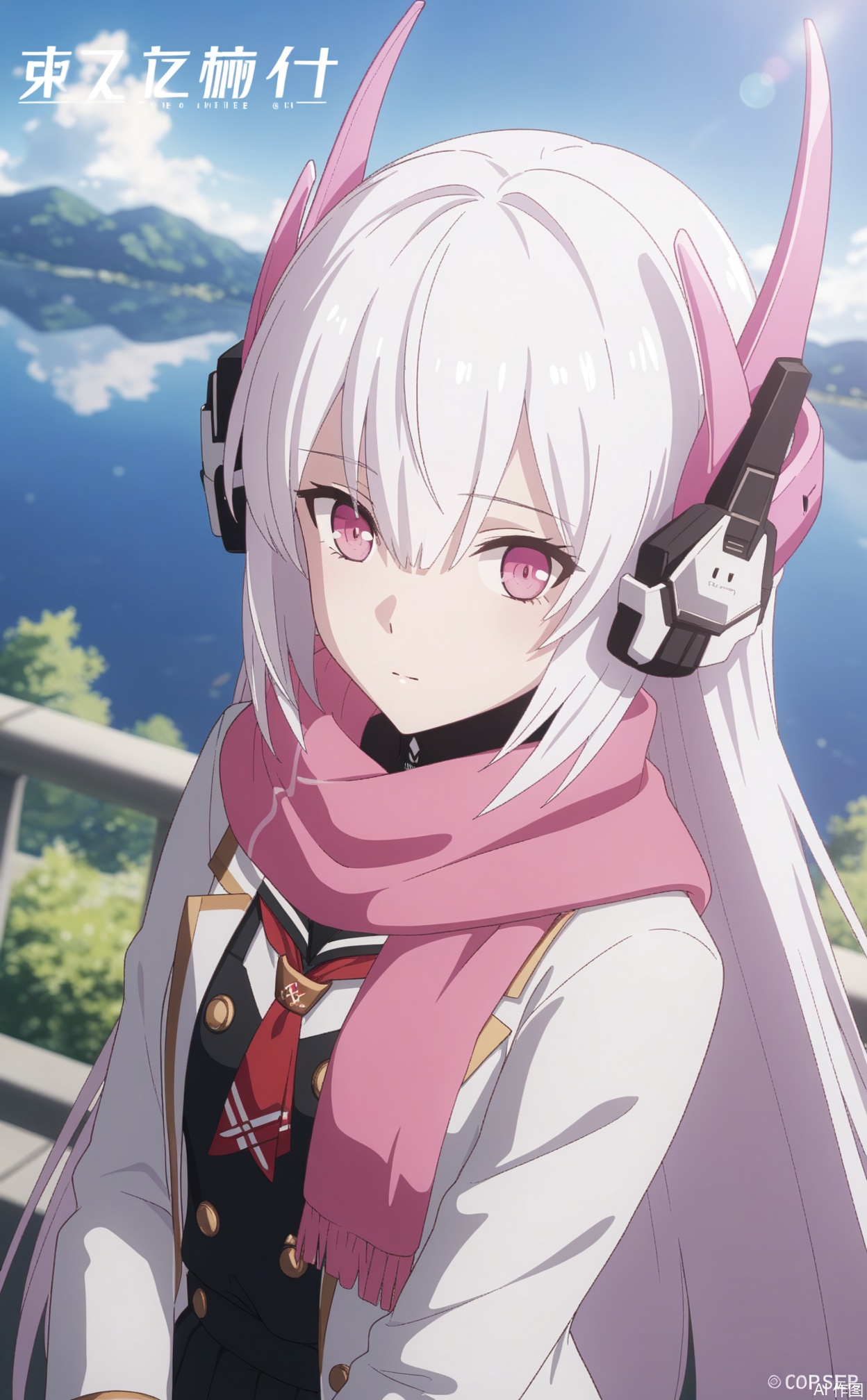 liv-eclipse/(punishing gray raven),(1girl),very long hair,small breasts,white hair,hair between eyes,pink eyes,outdoors,blue sky,school uniform,pink scarf,headgear,Tyndall,clear picture, illustrations, perfect scenery, perfect environment, depth of field, masterpiece, best quality, high quality, very detailed CG, unified 8k wallpaper, very detailed, high detail, anime style, cover art, extreme aesthetics, masterpiece, best quality, good quality, latest, very aesthetic, absurd, visual impact 32K UHD, sharp focus, influential pictures, official art,from above