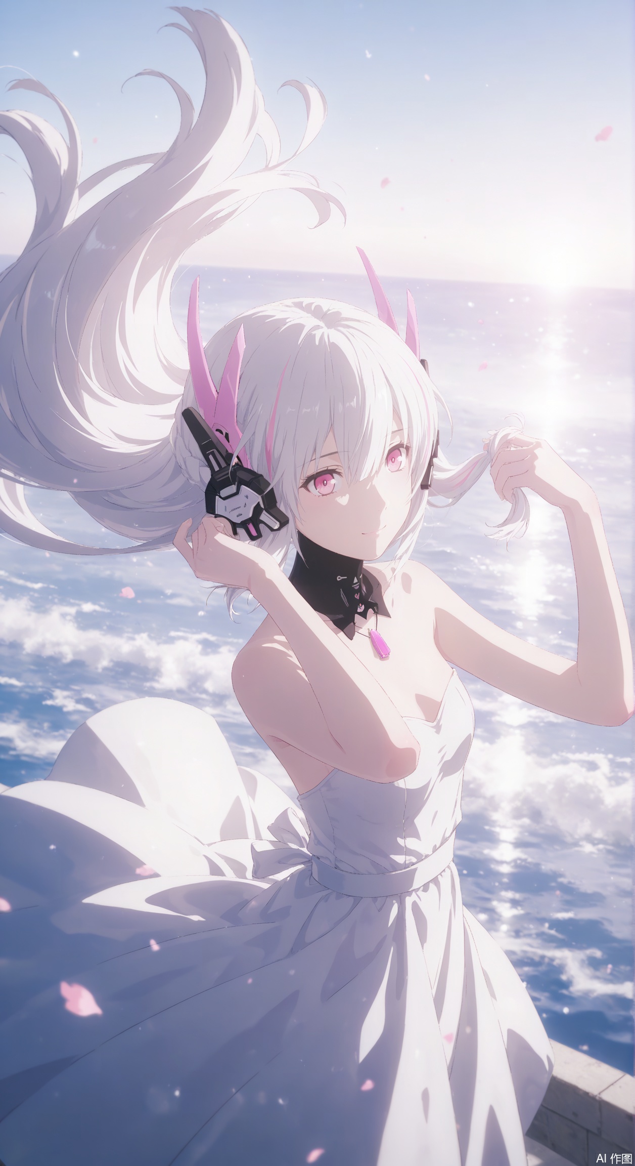 liv-eclipse/(punishing gray raven),1girl,white hair,hair between eyes,solo, best quality, aesthetic, detailed, girlish,alternate costume, small breasts, dress, bare shoulders, pink eyes,streaked hair,headgear,white dress, strapless, floating hair, strapless dress,anime aesthetic,sea,windy,floating hair,,floating dress,from above,playing own hair,gentle smile,from side